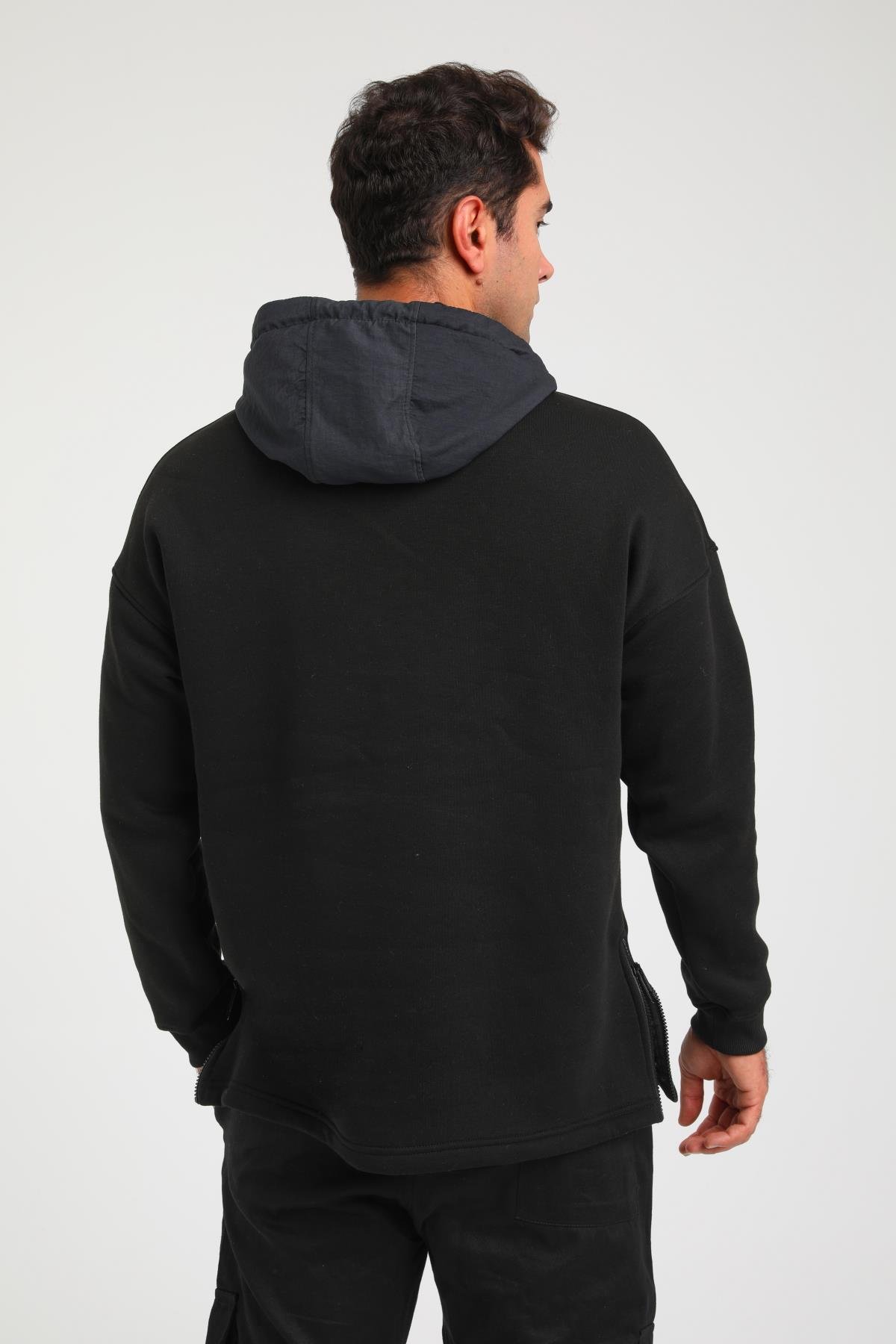 R-5748 Kapüşonlu Garni Detaylı Fermuarlı 3 İp Şardonlu Sweat