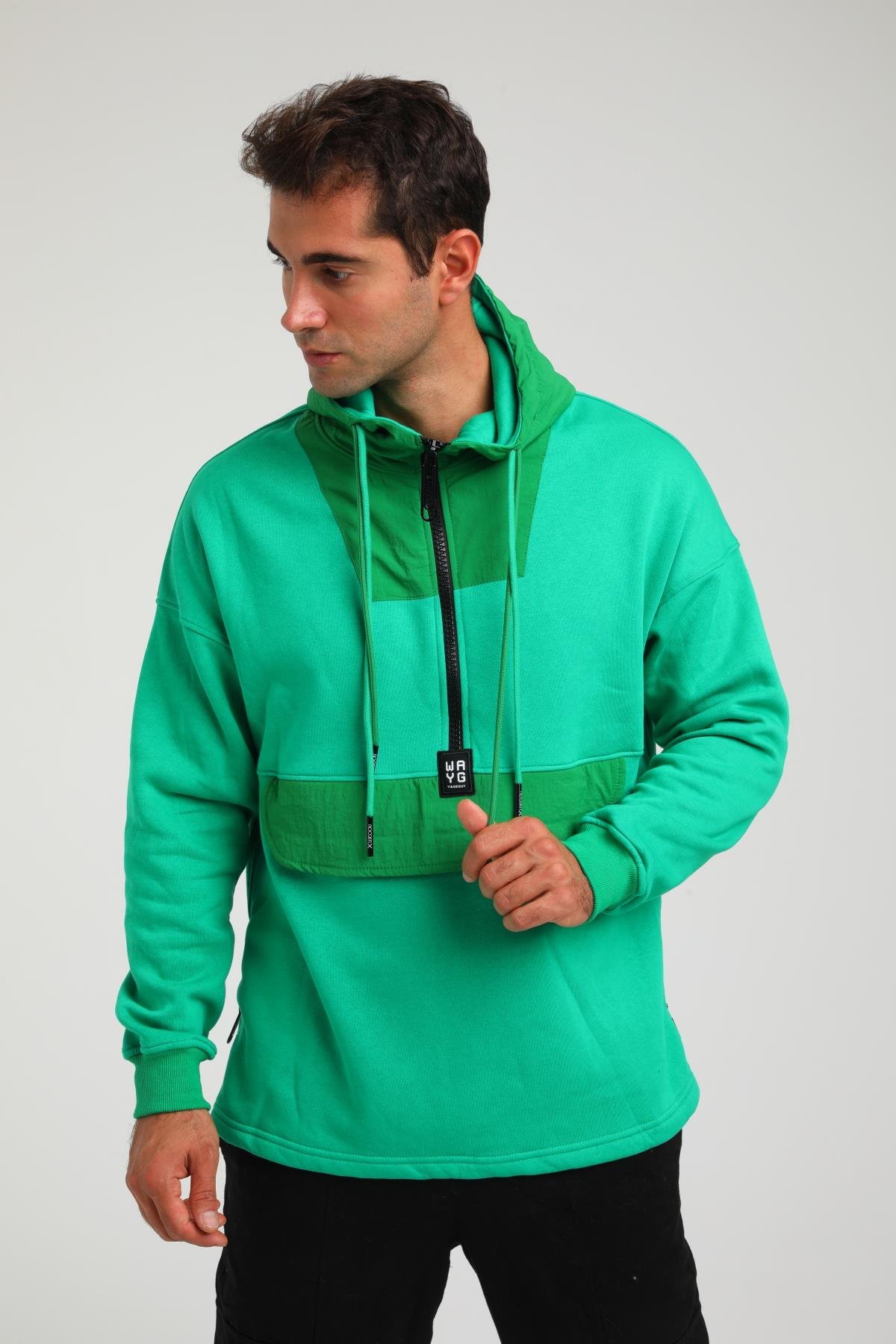 R-5748 Kapüşonlu Garni Detaylı Fermuarlı 3 İp Şardonlu Sweat