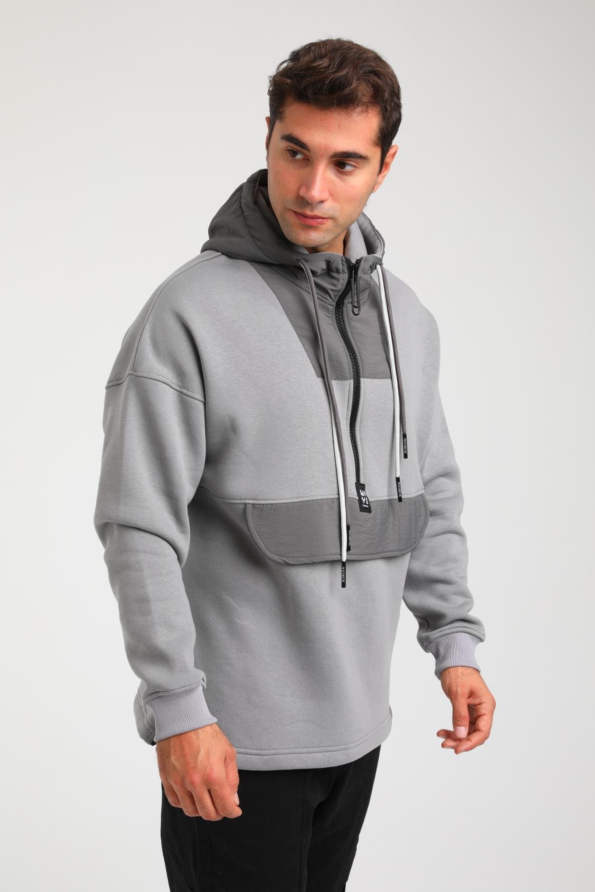 R-5748 Kapüşonlu Garni Detaylı Fermuarlı 3 İp Şardonlu Sweat