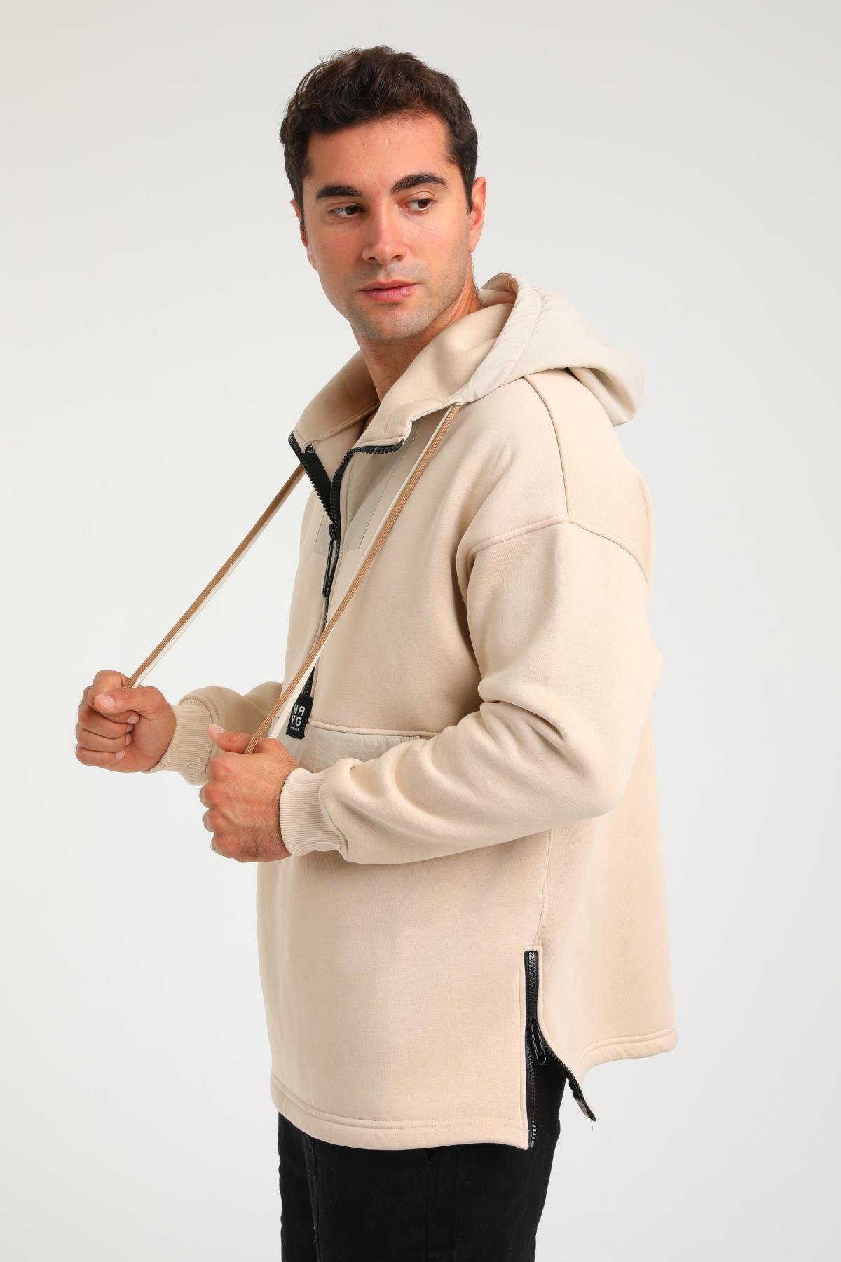 R-5748 Kapüşonlu Garni Detaylı Fermuarlı 3 İp Şardonlu Sweat