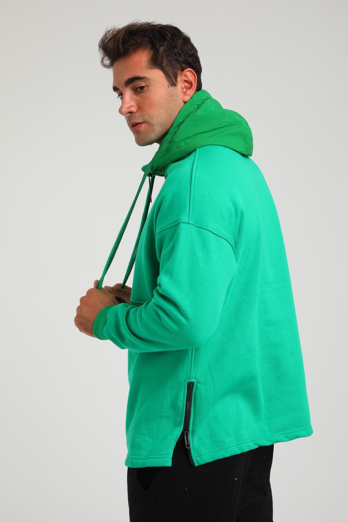 R-5748 Kapüşonlu Garni Detaylı Fermuarlı 3 İp Şardonlu Sweat
