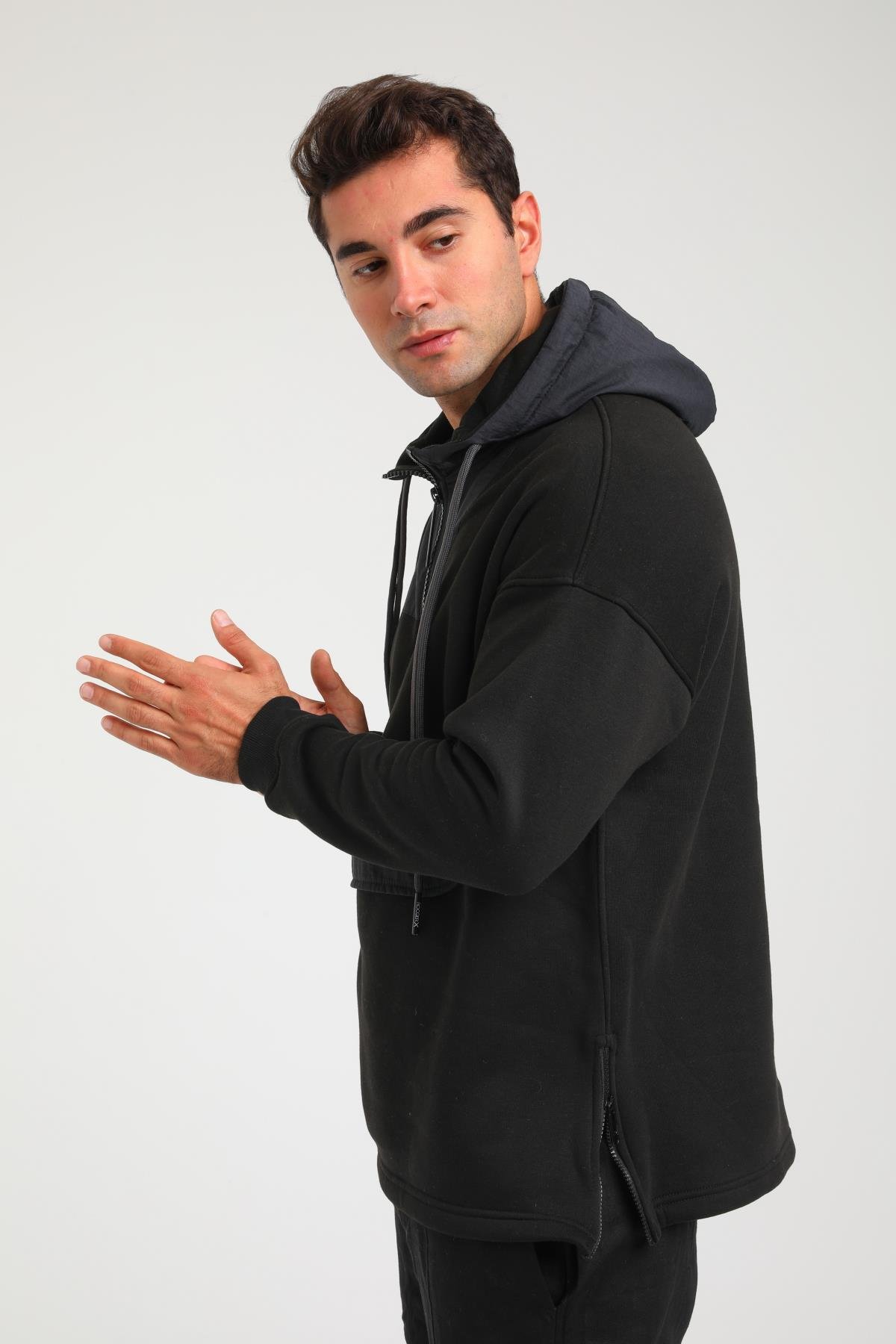 R-5748 Kapüşonlu Garni Detaylı Fermuarlı 3 İp Şardonlu Sweat