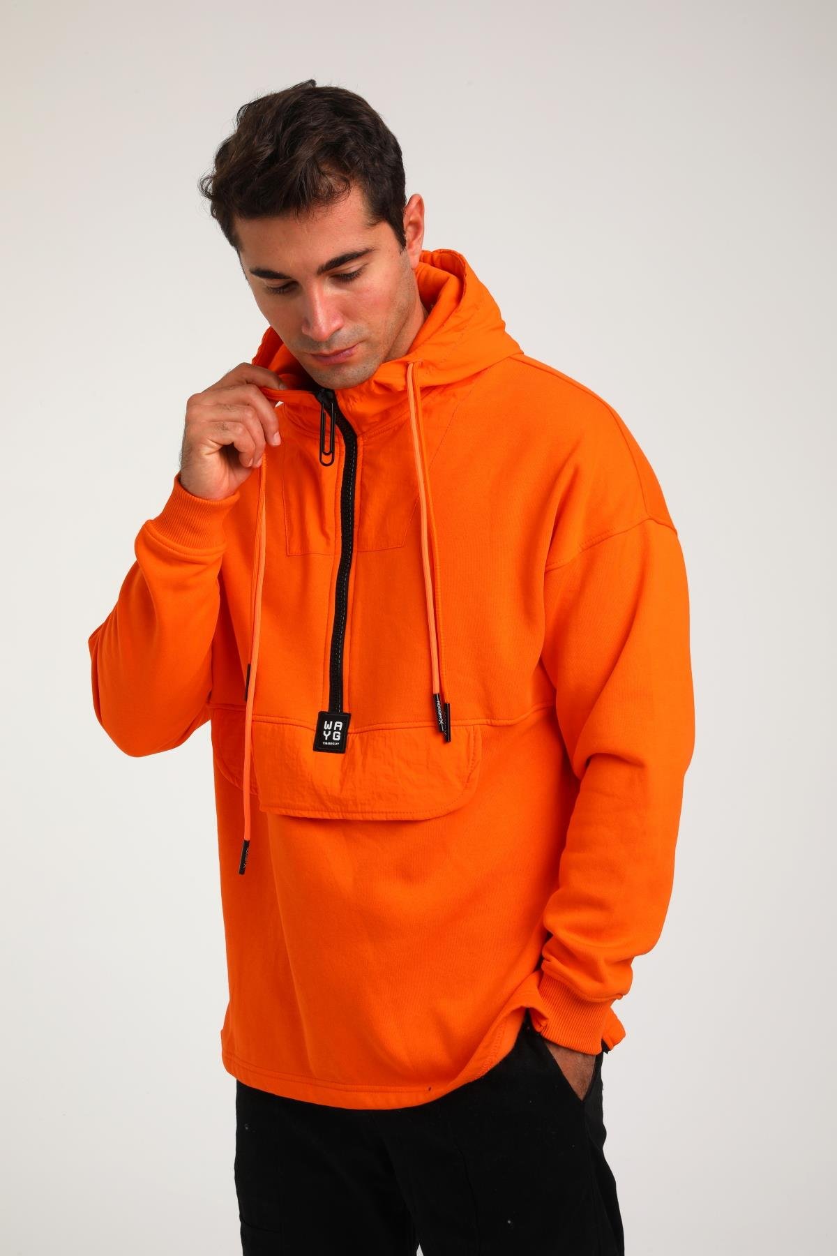 R-5748 Kapüşonlu Garni Detaylı Fermuarlı 3 İp Şardonlu Sweat