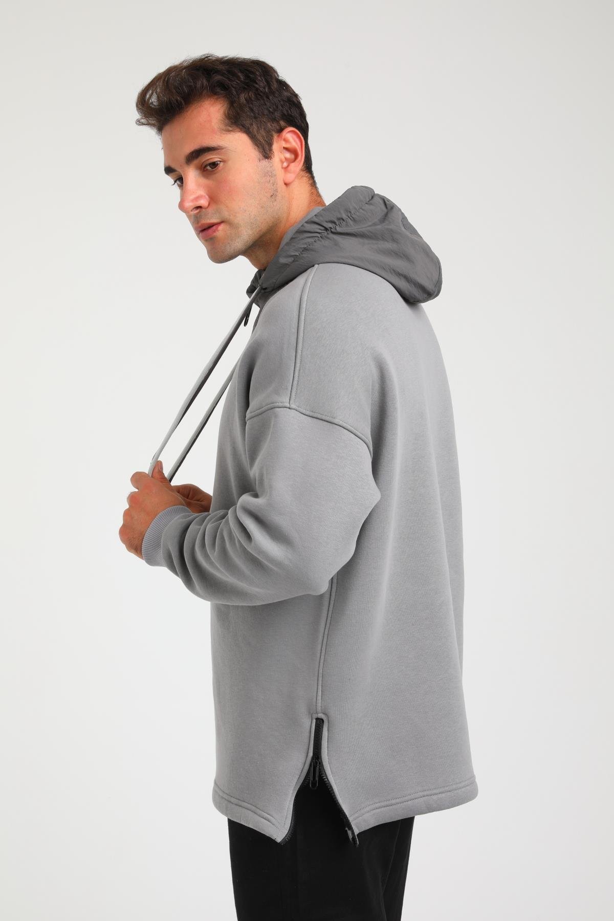 R-5748 Kapüşonlu Garni Detaylı Fermuarlı 3 İp Şardonlu Sweat