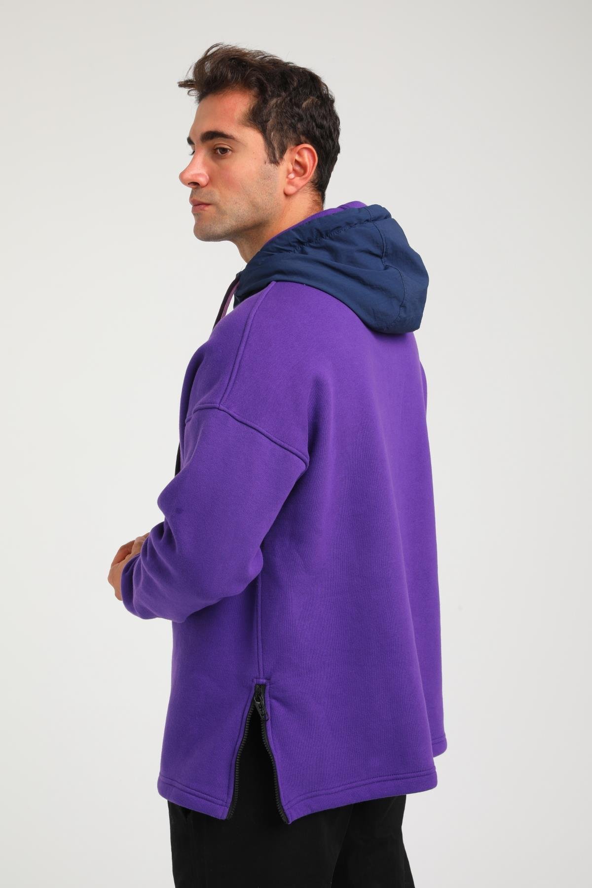 R-5748 Kapüşonlu Garni Detaylı Fermuarlı 3 İp Şardonlu Sweat