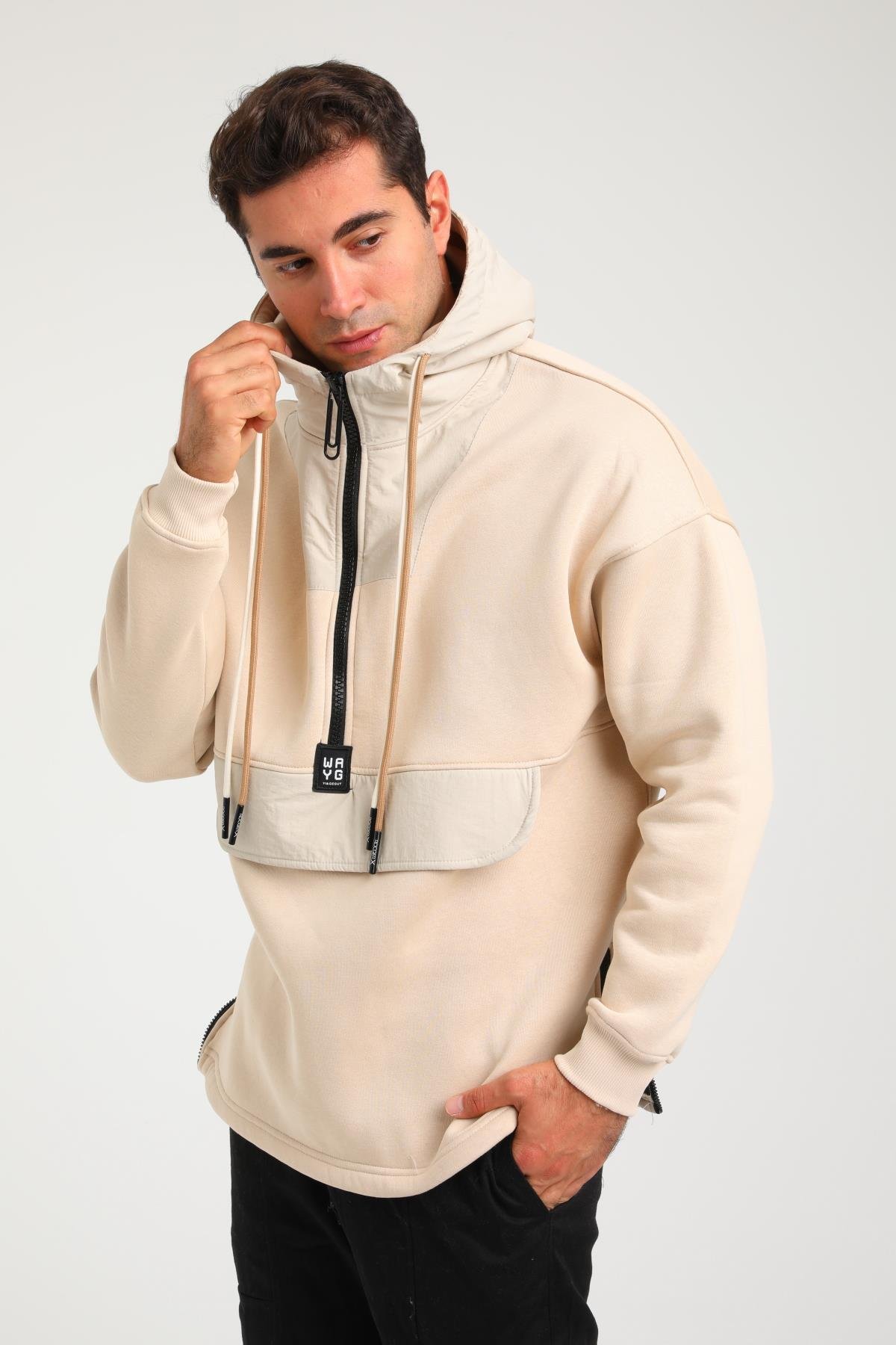 R-5748 Kapüşonlu Garni Detaylı Fermuarlı 3 İp Şardonlu Sweat
