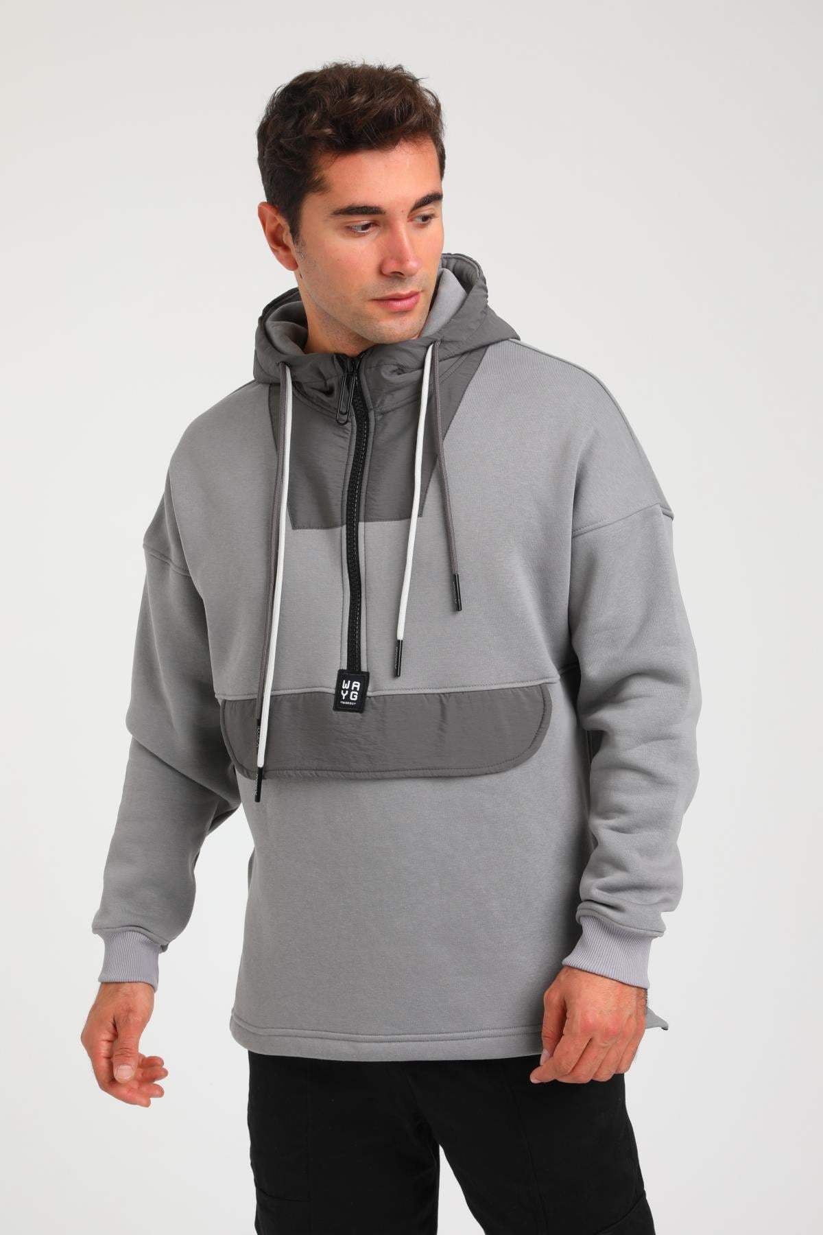 R-5748 Kapüşonlu Garni Detaylı Fermuarlı 3 İp Şardonlu Sweat