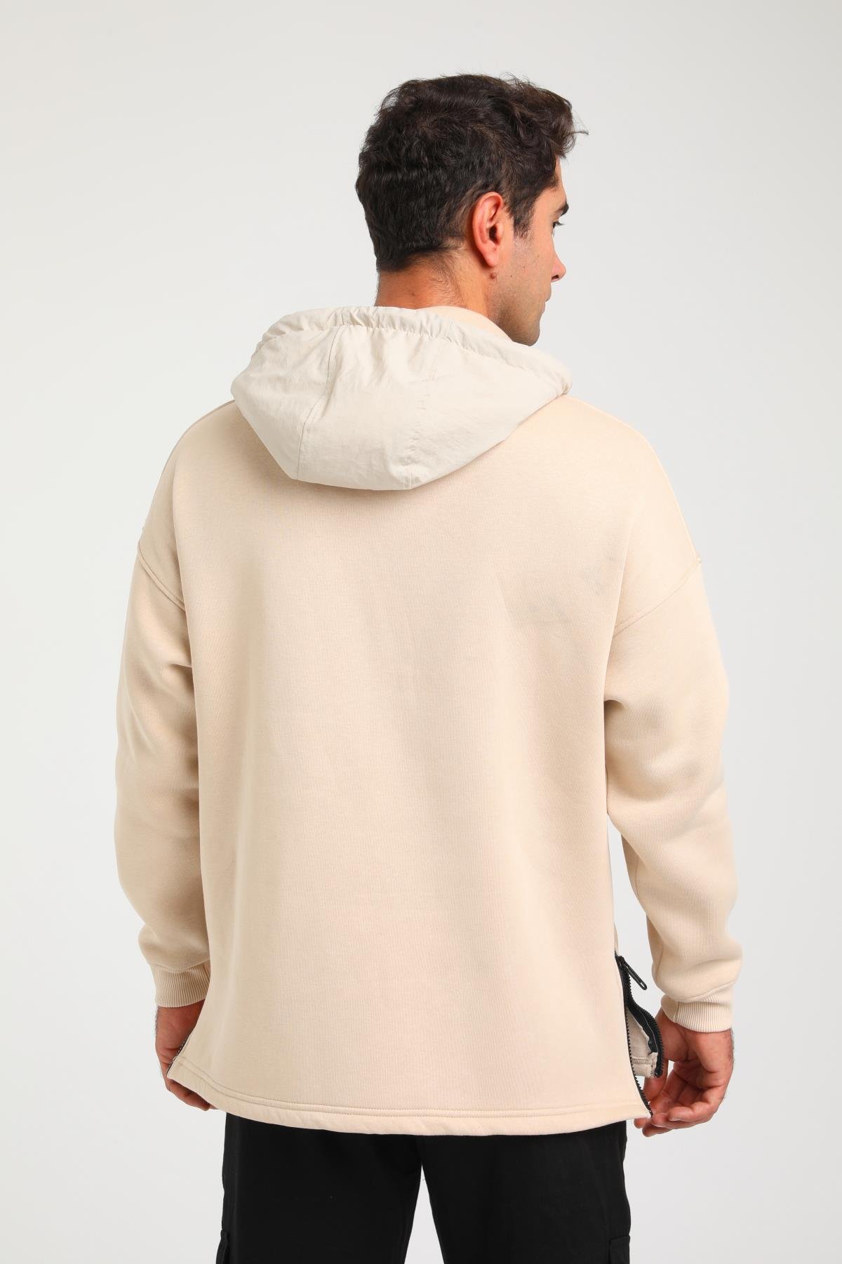 R-5748 Kapüşonlu Garni Detaylı Fermuarlı 3 İp Şardonlu Sweat