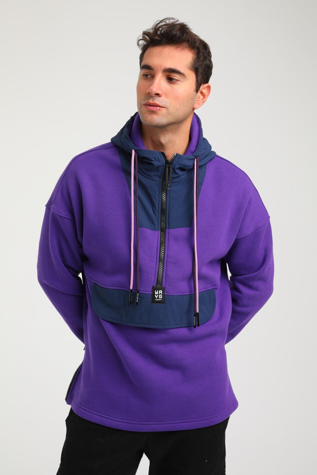 R-5748 Kapüşonlu Garni Detaylı Fermuarlı 3 İp Şardonlu Sweat