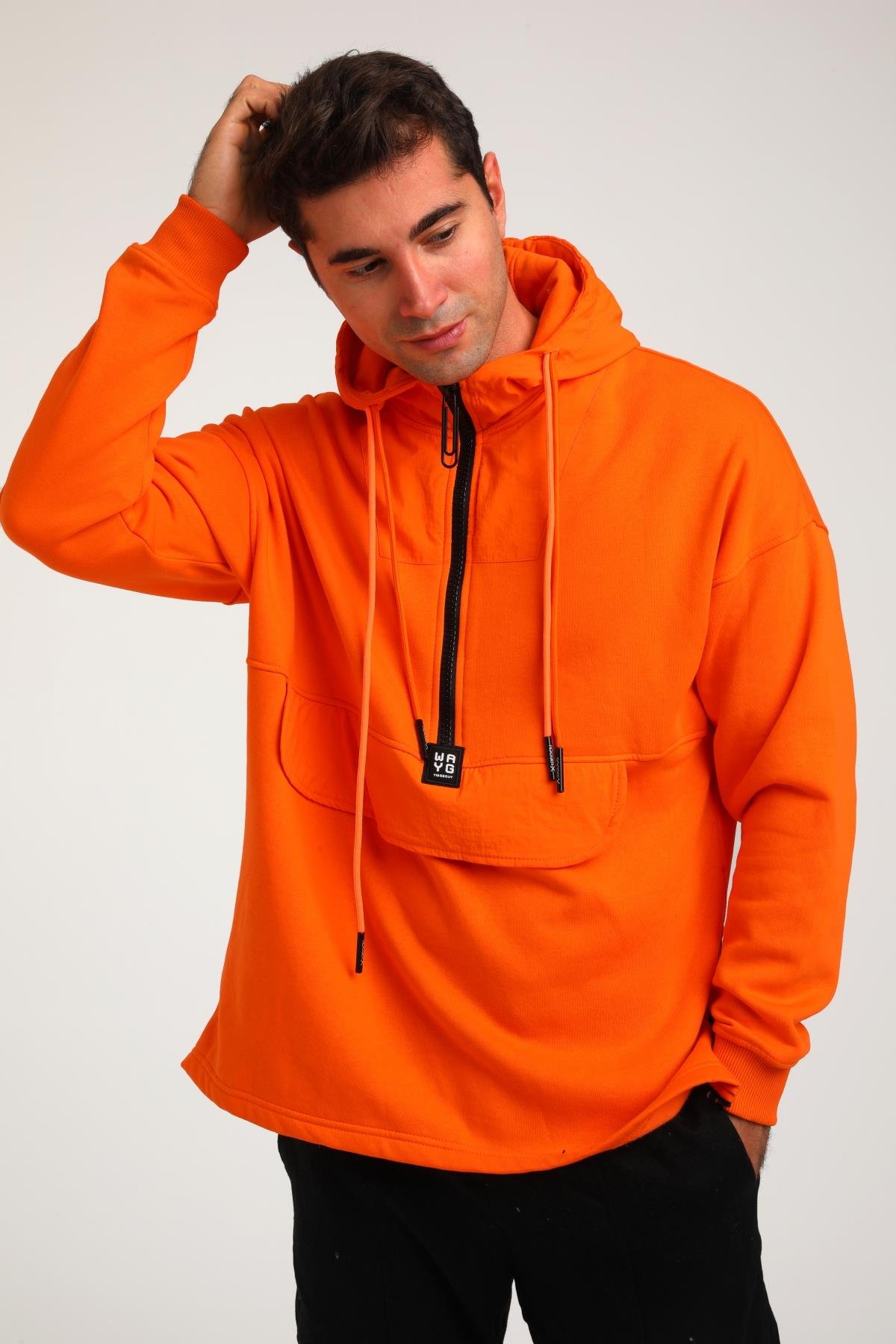 R-5748 Kapüşonlu Garni Detaylı Fermuarlı 3 İp Şardonlu Sweat