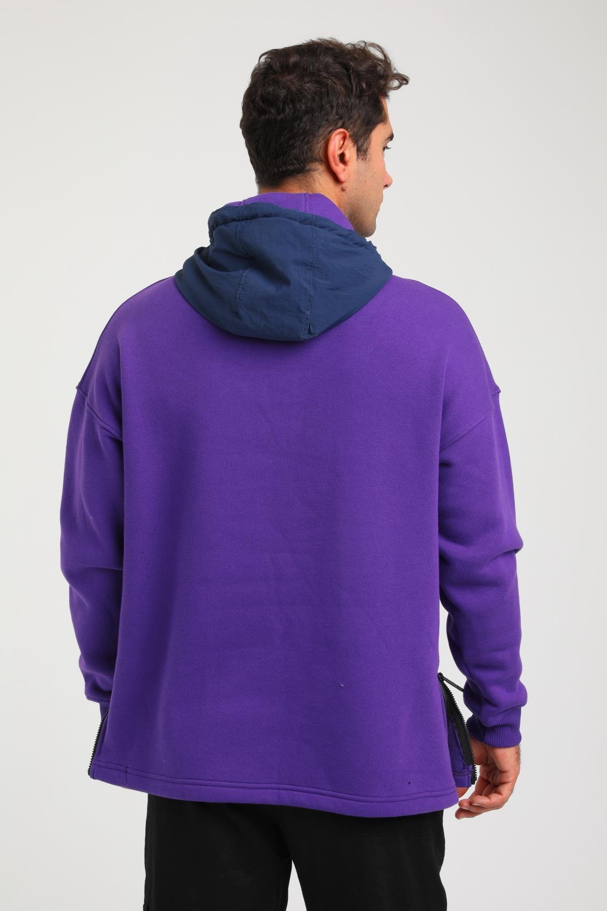 R-5748 Kapüşonlu Garni Detaylı Fermuarlı 3 İp Şardonlu Sweat
