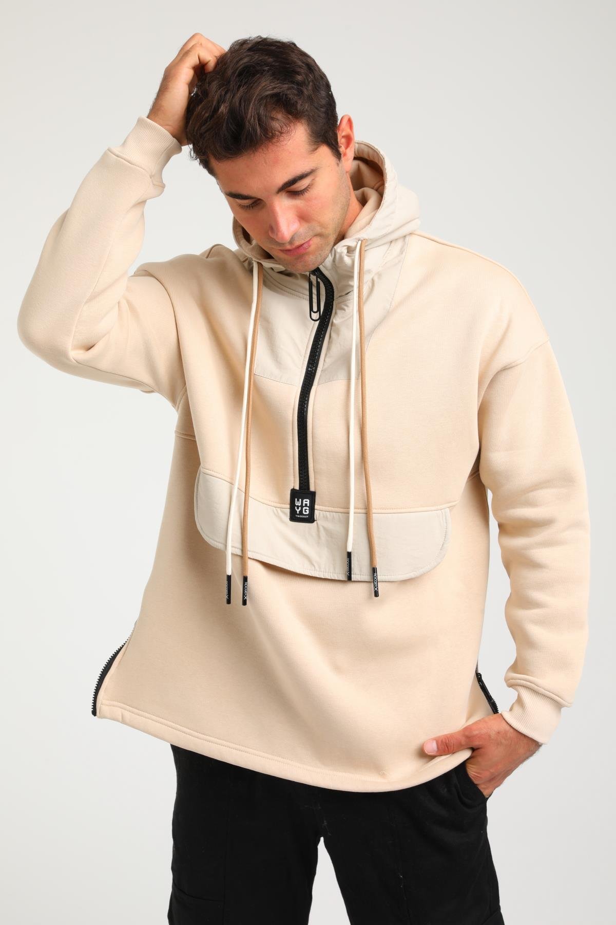 R-5748 Kapüşonlu Garni Detaylı Fermuarlı 3 İp Şardonlu Sweat