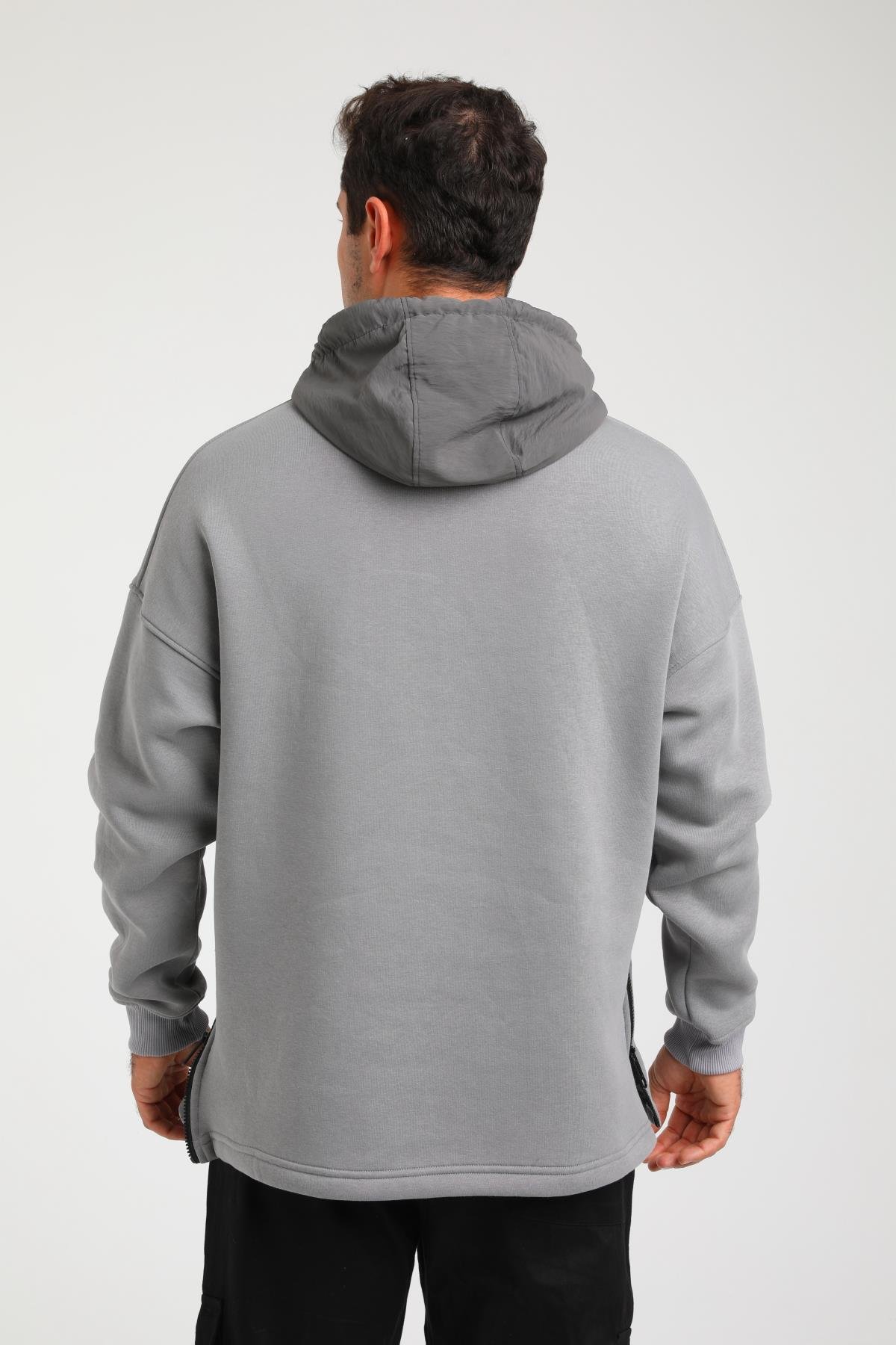 R-5748 Kapüşonlu Garni Detaylı Fermuarlı 3 İp Şardonlu Sweat