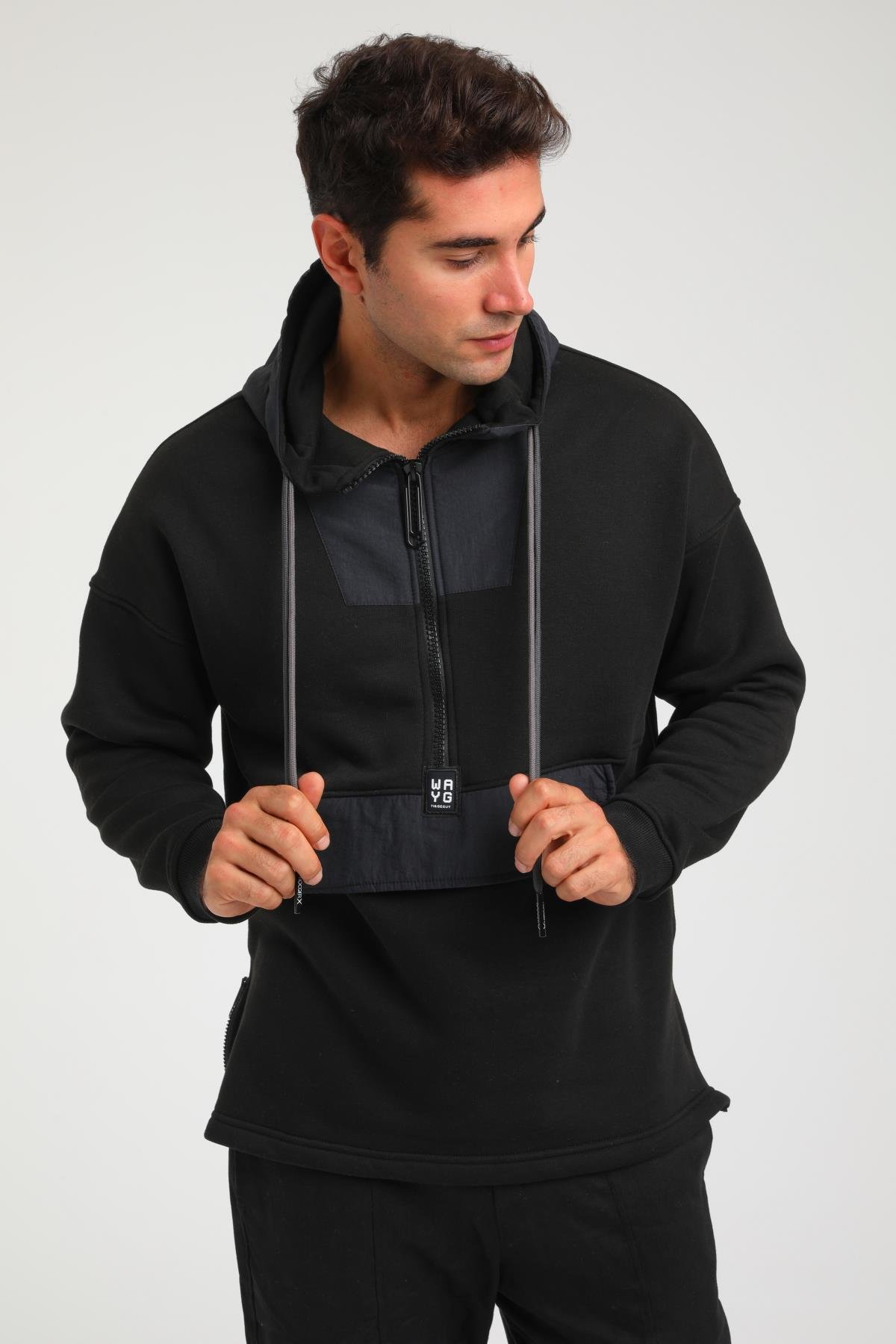 R-5748 Kapüşonlu Garni Detaylı Fermuarlı 3 İp Şardonlu Sweat
