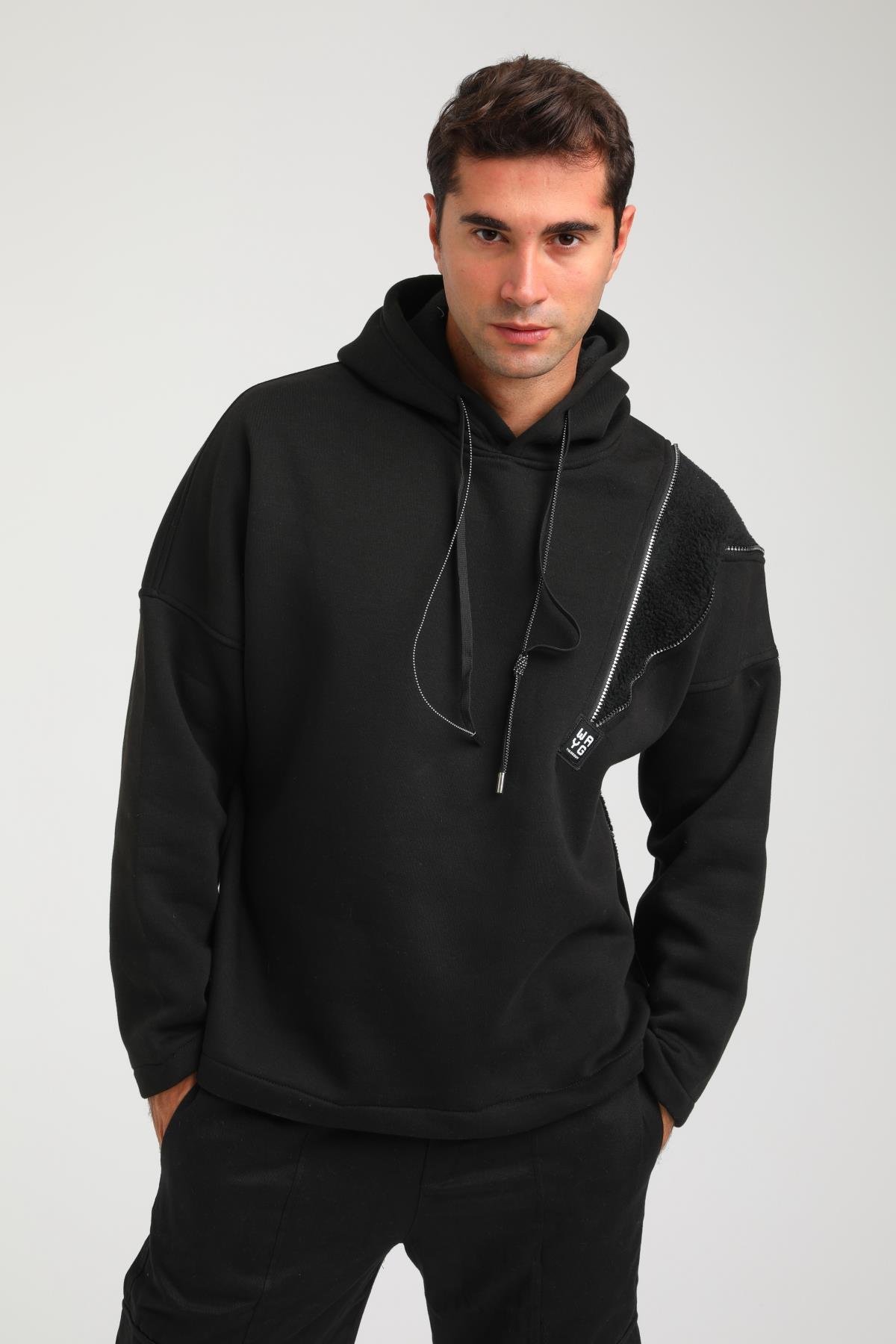R-5749 Kapüşonlu Peluş Garni Fermuar Detaylı Üç İp Şardonlu Sweat
