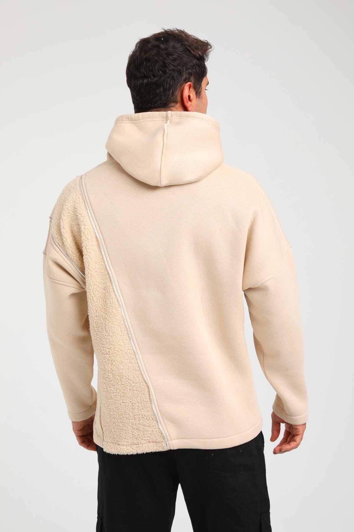 R-5749 Kapüşonlu Peluş Garni Fermuar Detaylı Üç İp Şardonlu Sweat