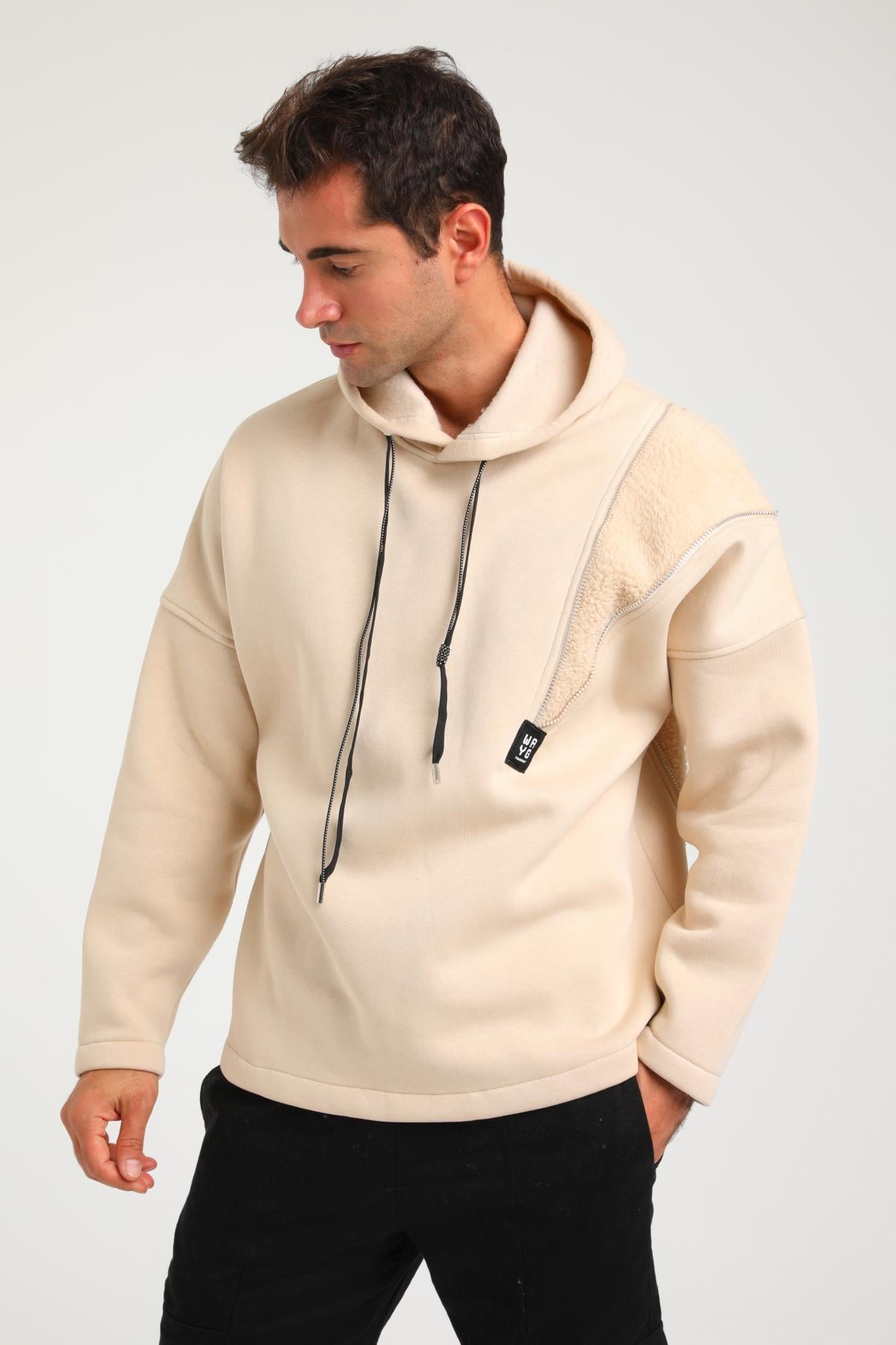 R-5749 Kapüşonlu Peluş Garni Fermuar Detaylı Üç İp Şardonlu Sweat