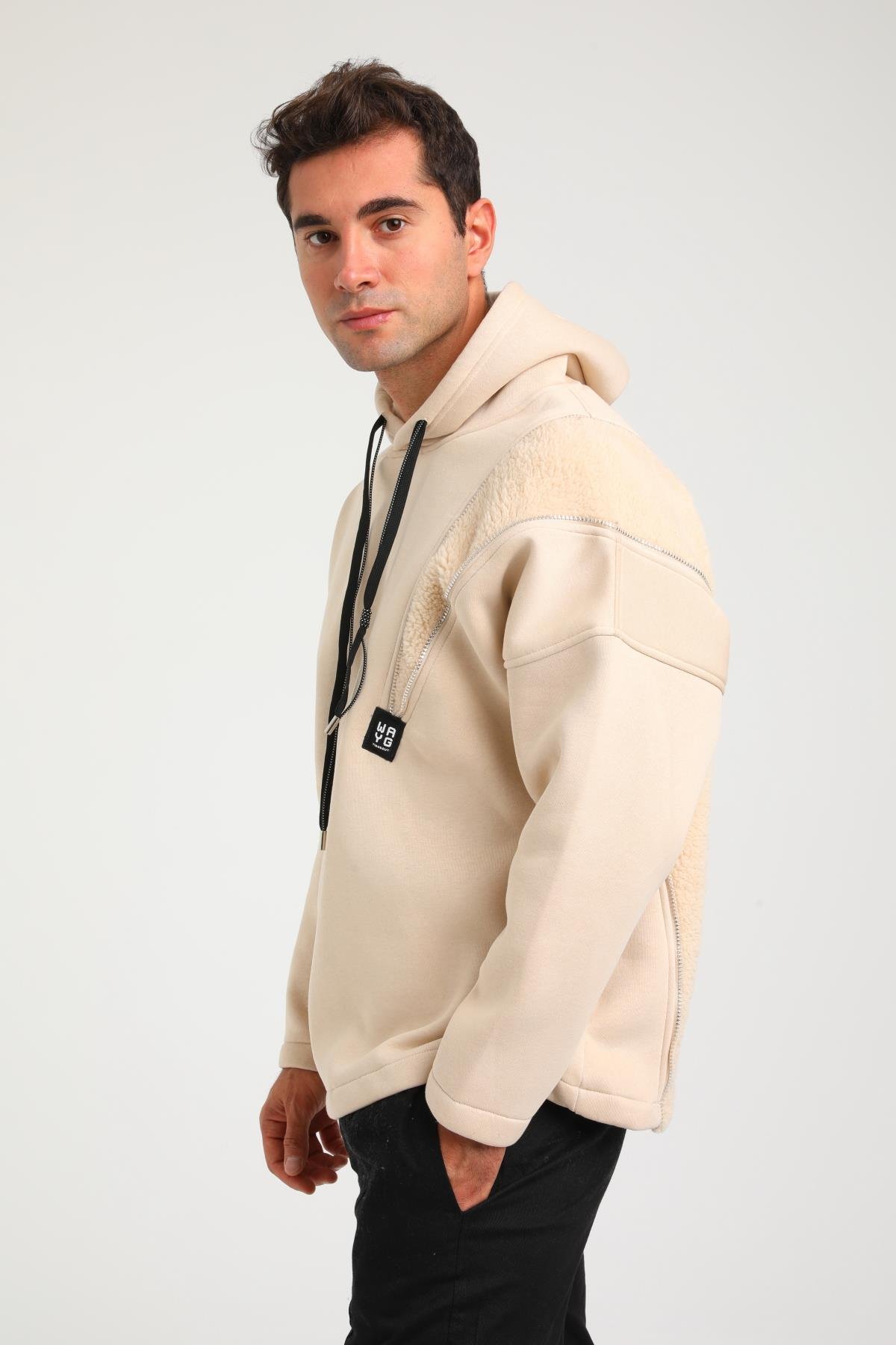 R-5749 Kapüşonlu Peluş Garni Fermuar Detaylı Üç İp Şardonlu Sweat