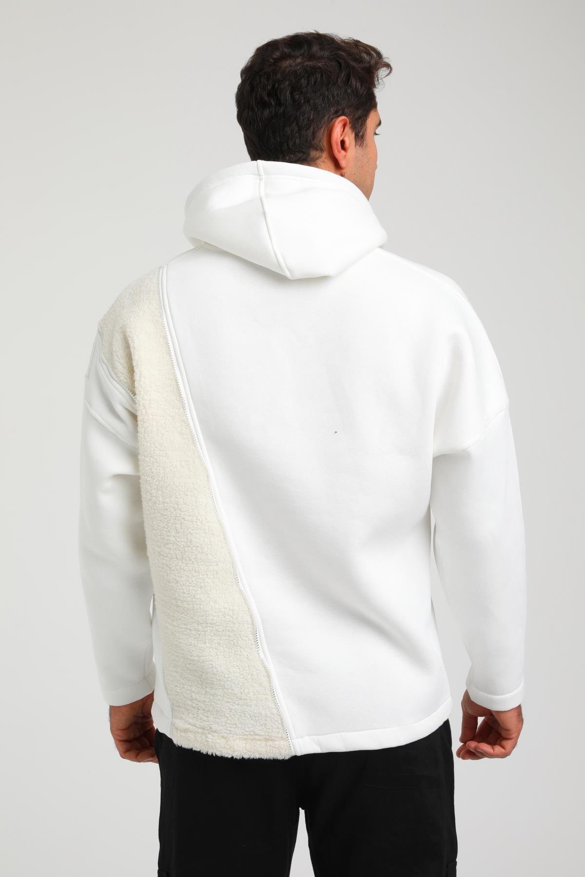 R-5749 Kapüşonlu Peluş Garni Fermuar Detaylı Üç İp Şardonlu Sweat