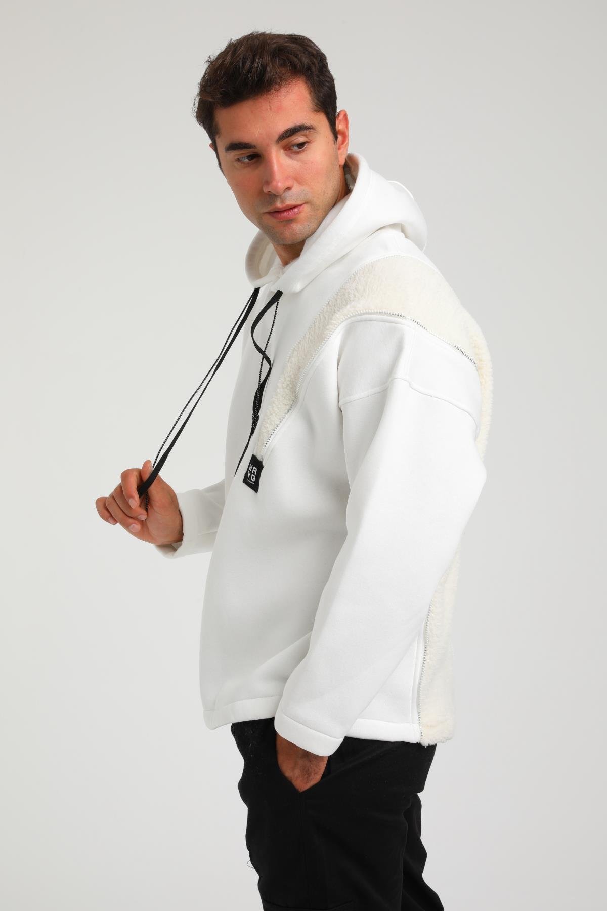 R-5749 Kapüşonlu Peluş Garni Fermuar Detaylı Üç İp Şardonlu Sweat