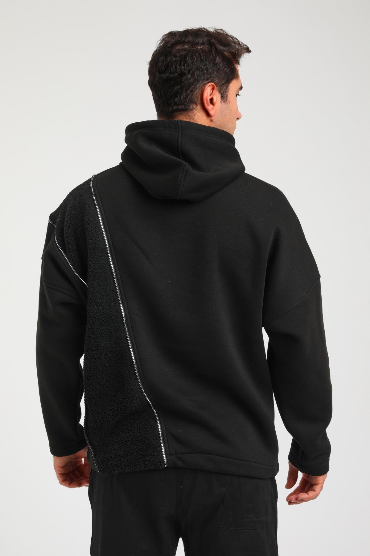 R-5749 Kapüşonlu Peluş Garni Fermuar Detaylı Üç İp Şardonlu Sweat
