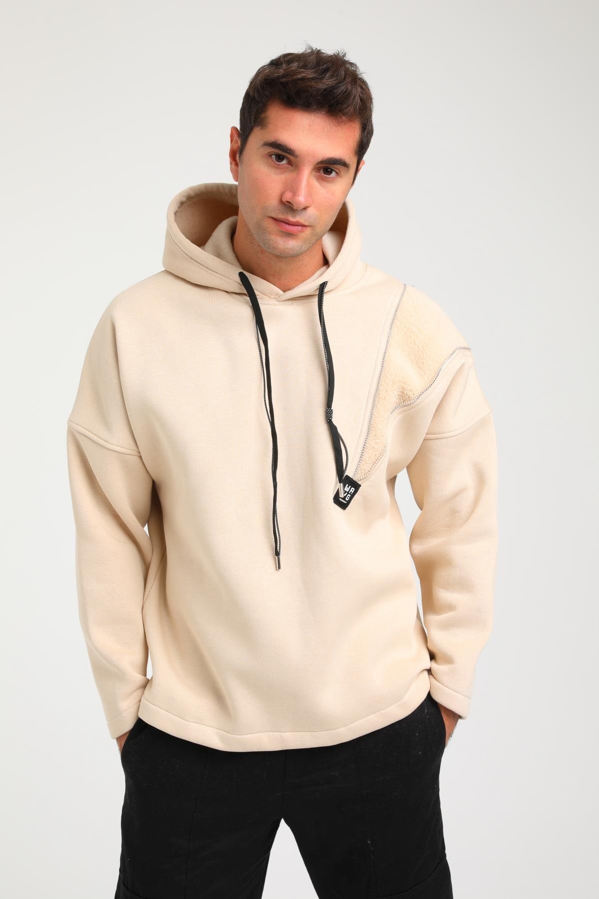 R-5749 Kapüşonlu Peluş Garni Fermuar Detaylı Üç İp Şardonlu Sweat