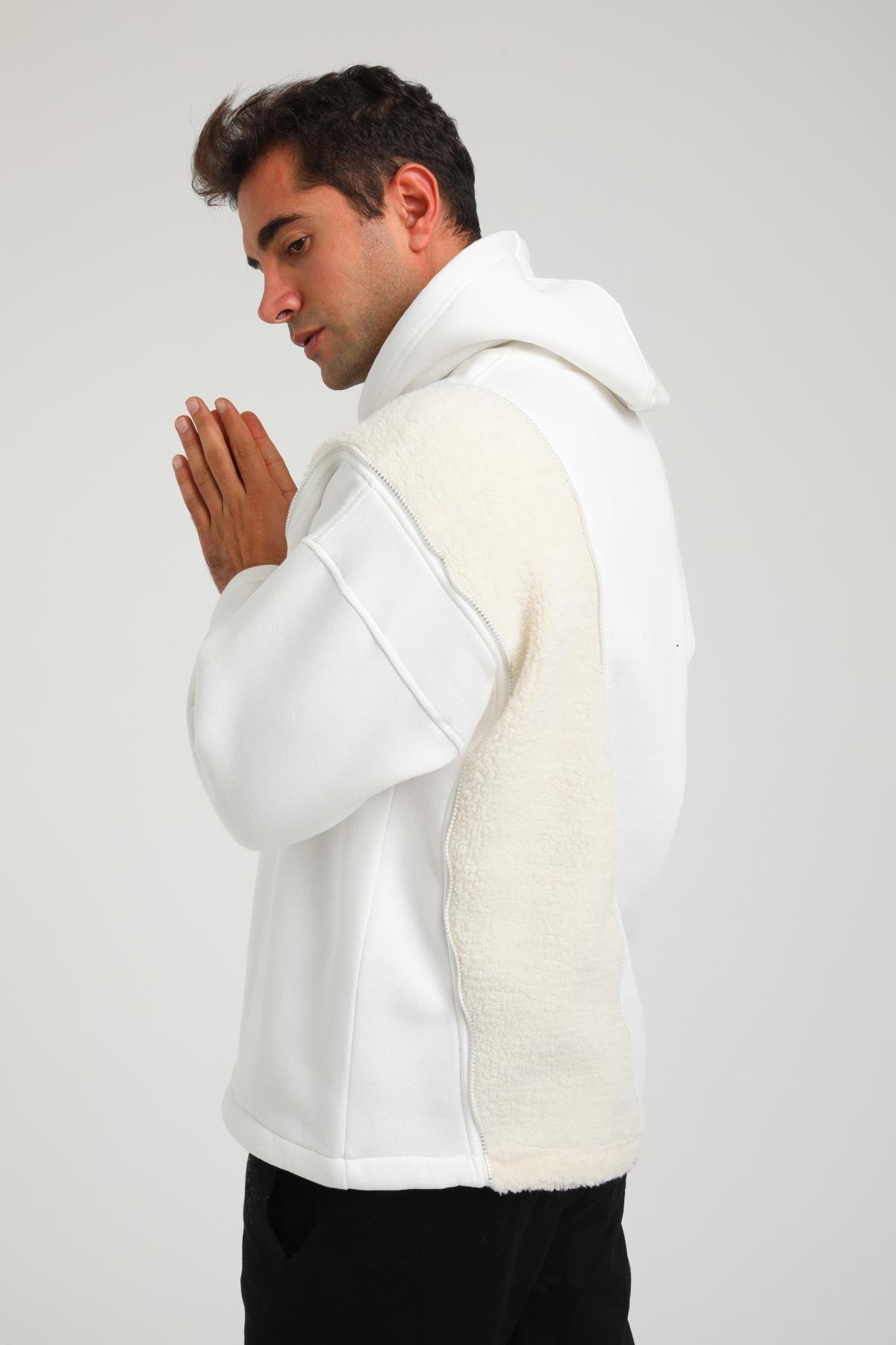 R-5749 Kapüşonlu Peluş Garni Fermuar Detaylı Üç İp Şardonlu Sweat
