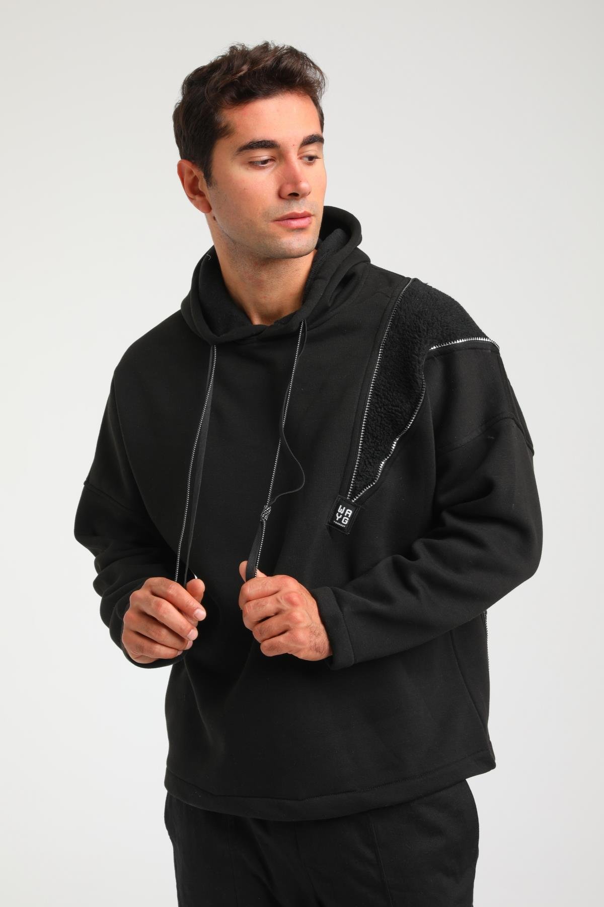 R-5749 Kapüşonlu Peluş Garni Fermuar Detaylı Üç İp Şardonlu Sweat