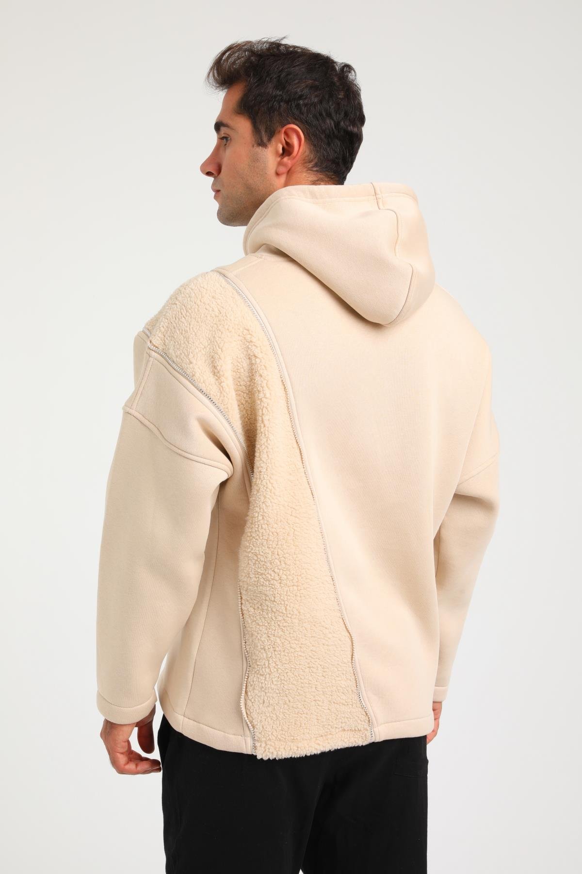 R-5749 Kapüşonlu Peluş Garni Fermuar Detaylı Üç İp Şardonlu Sweat
