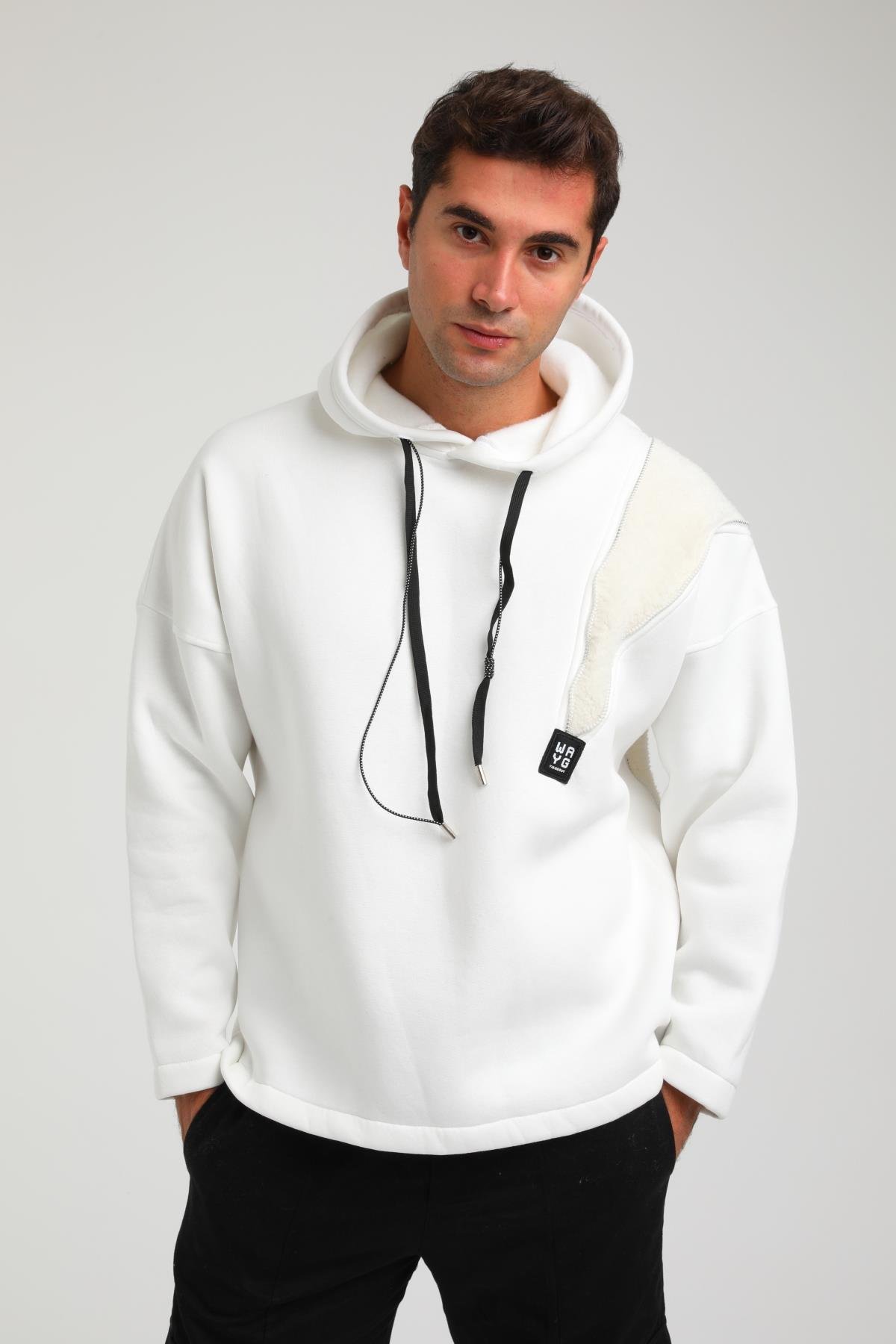 R-5749 Kapüşonlu Peluş Garni Fermuar Detaylı Üç İp Şardonlu Sweat