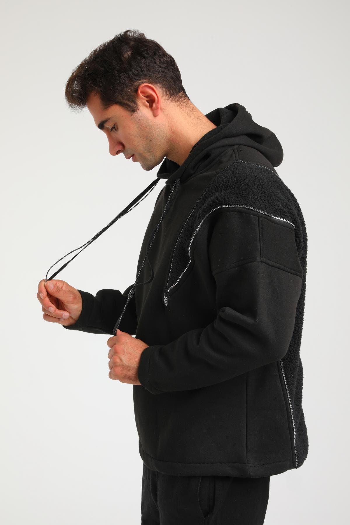 R-5749 Kapüşonlu Peluş Garni Fermuar Detaylı Üç İp Şardonlu Sweat
