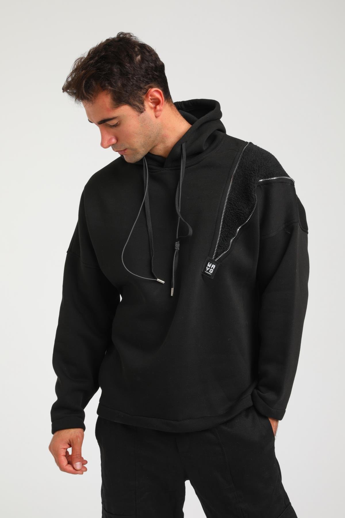 R-5749 Kapüşonlu Peluş Garni Fermuar Detaylı Üç İp Şardonlu Sweat