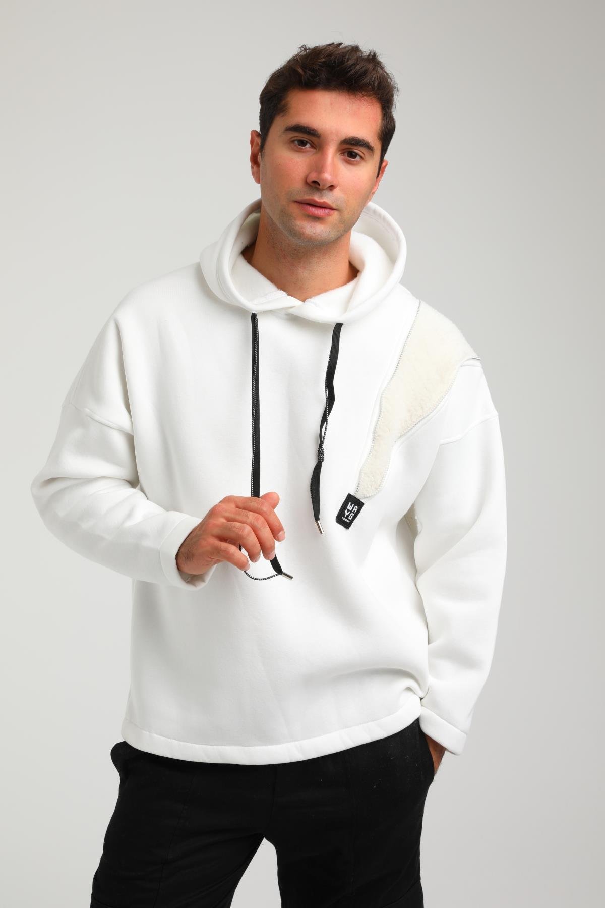 R-5749 Kapüşonlu Peluş Garni Fermuar Detaylı Üç İp Şardonlu Sweat