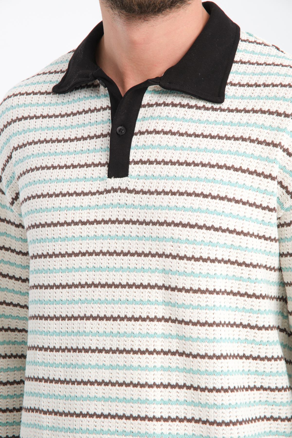 R-5839 Polo Yaka Uzun Kol Çizgili Örme Sweat