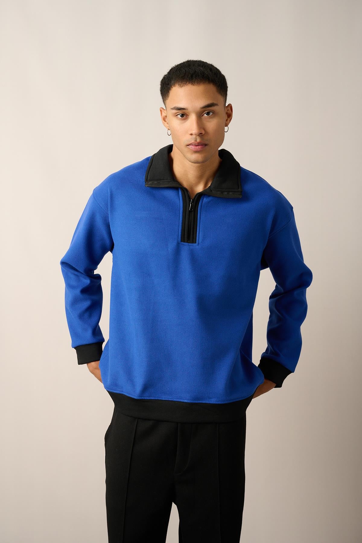R-5844 Yarım Fermuar Garni Detaylı Kaşe Sweat