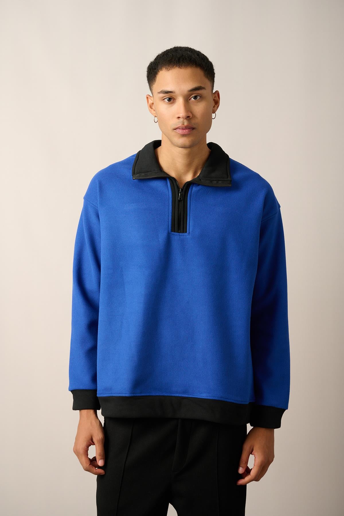 R-5844 Yarım Fermuar Garni Detaylı Kaşe Sweat