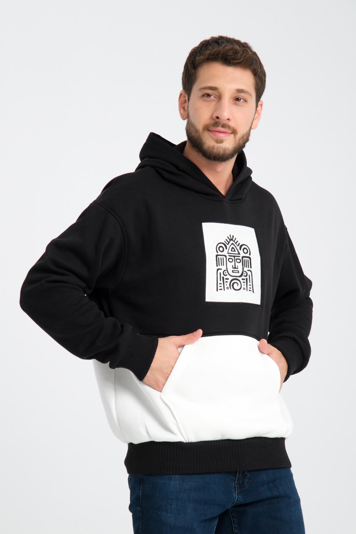 R-5846 Önü Armalı Beden Garnili Kapüşonlu Sweat