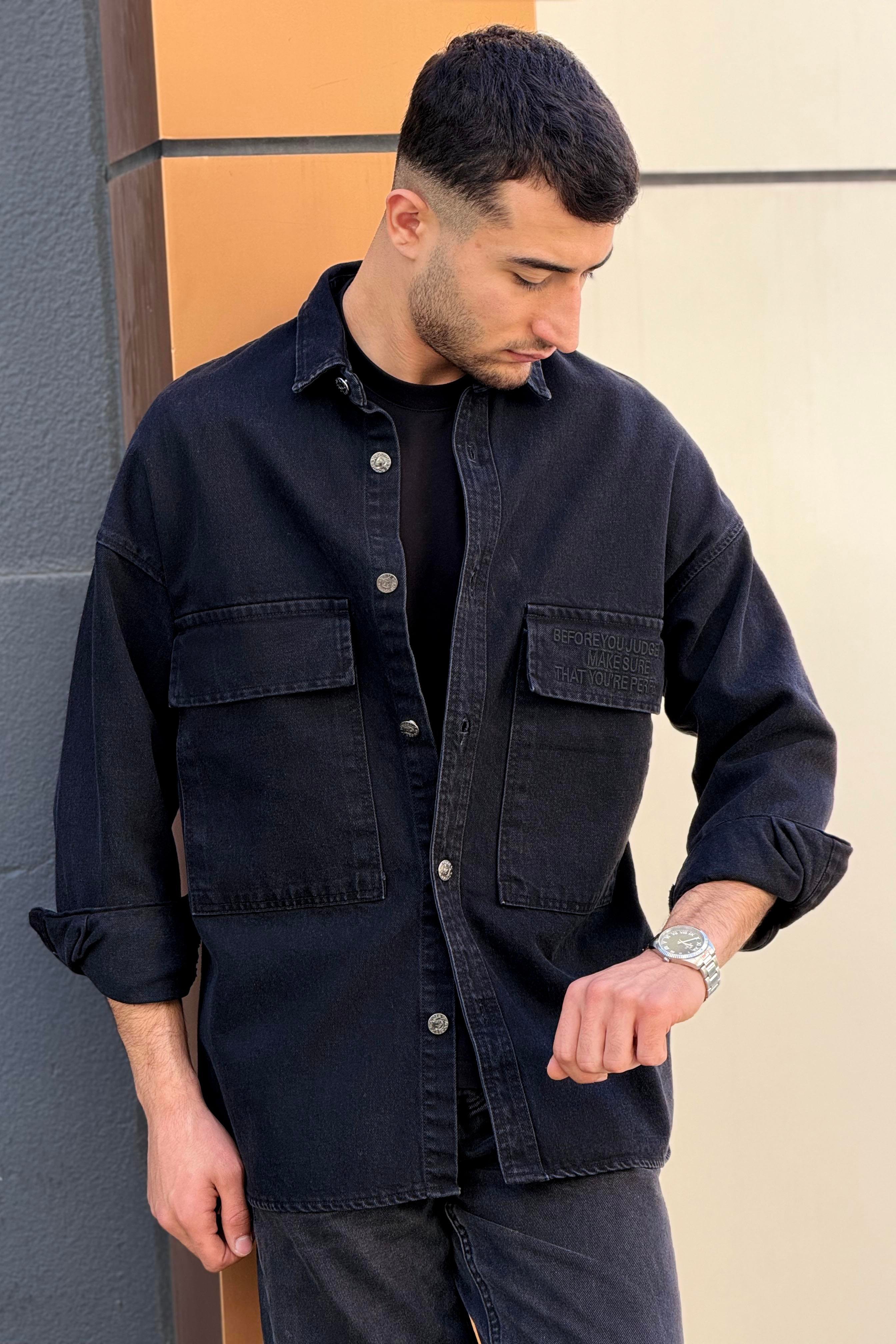 R-6006 Çift Cep Kapaklı Kot Gömlek