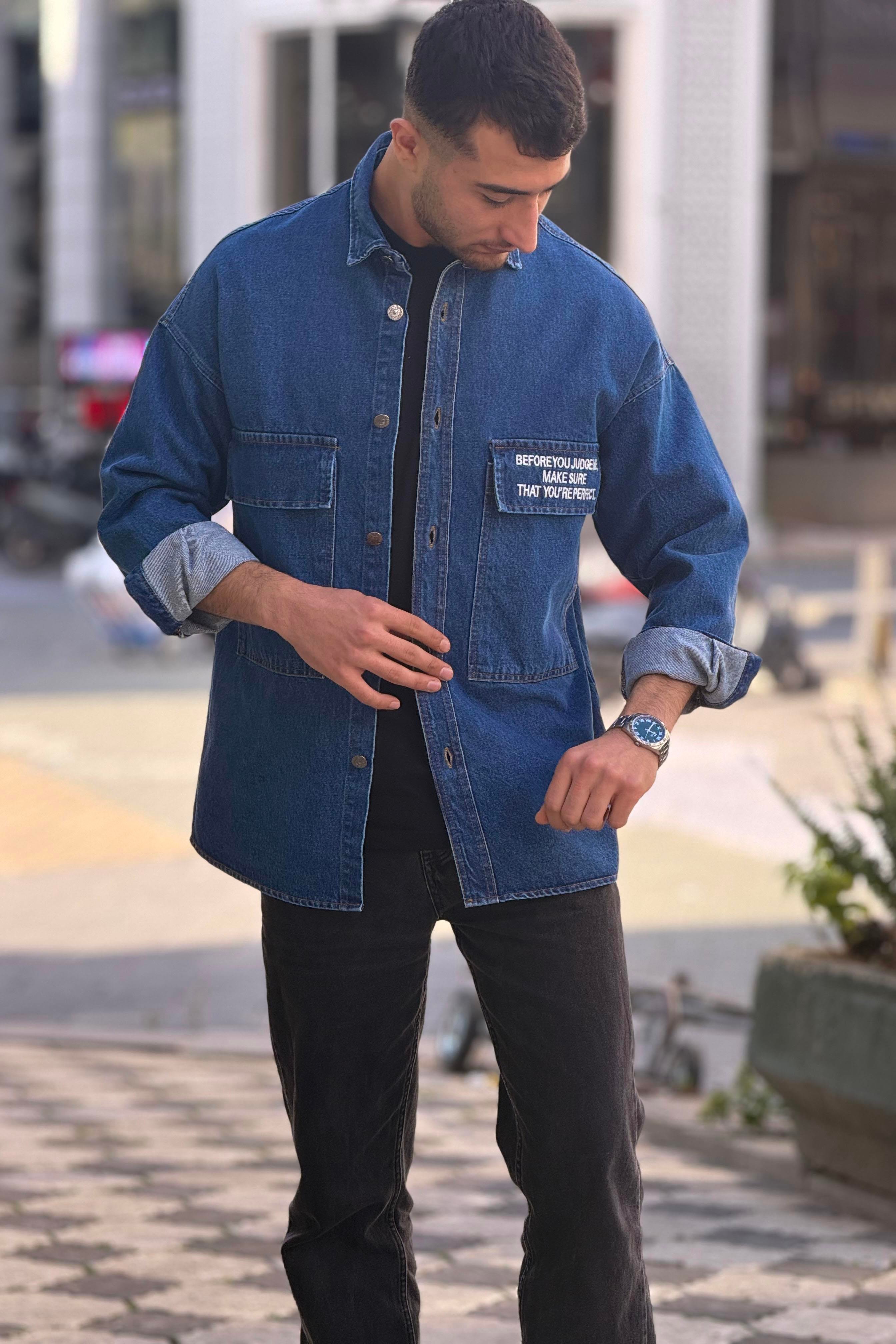 R-6006 Çift Cep Kapaklı Kot Gömlek