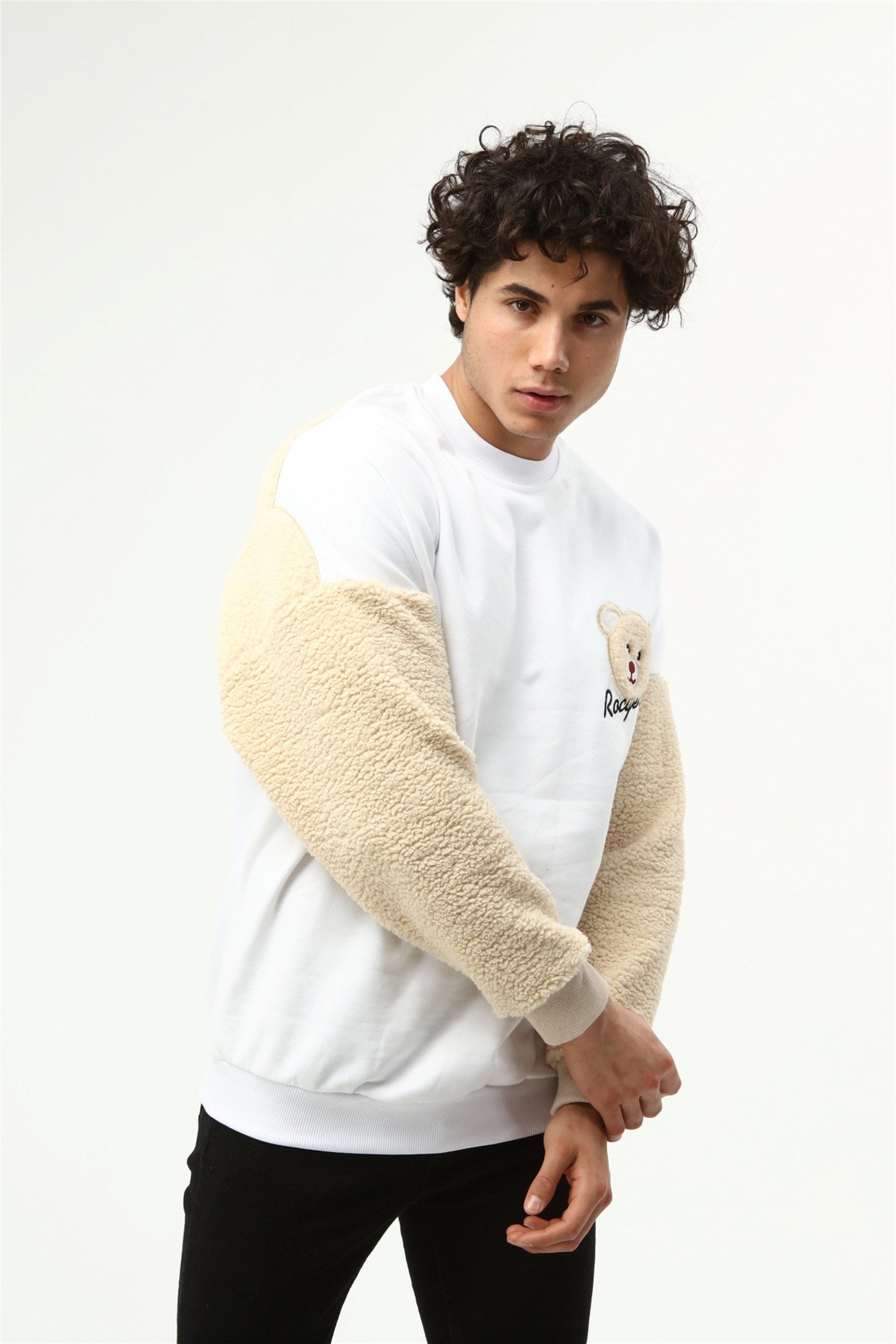 Üç İplik Kolu Peluş Ayıcıklı Oversize Sweatshirt  R-5483