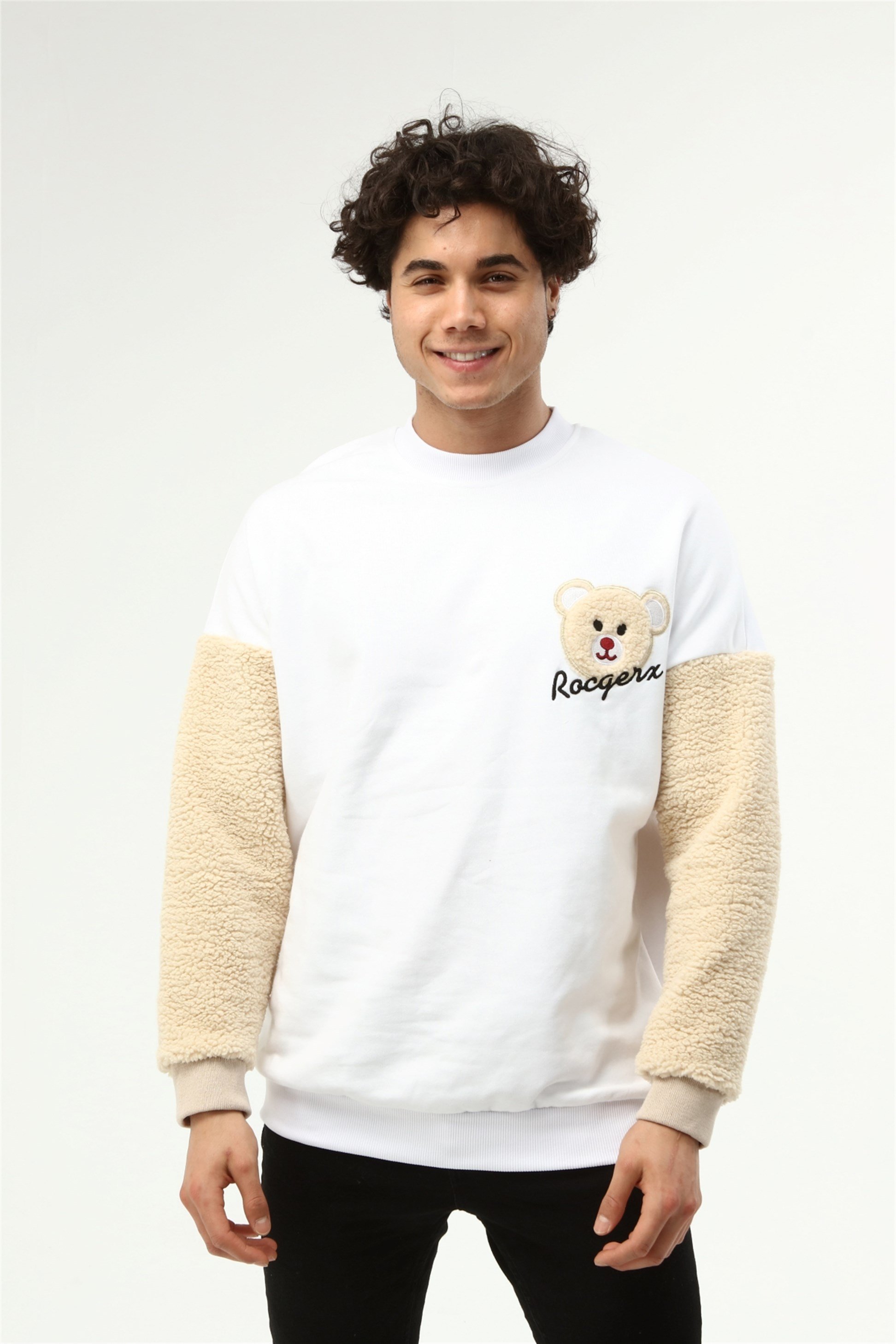 Üç İplik Kolu Peluş Ayıcıklı Oversize Sweatshirt  R-5483
