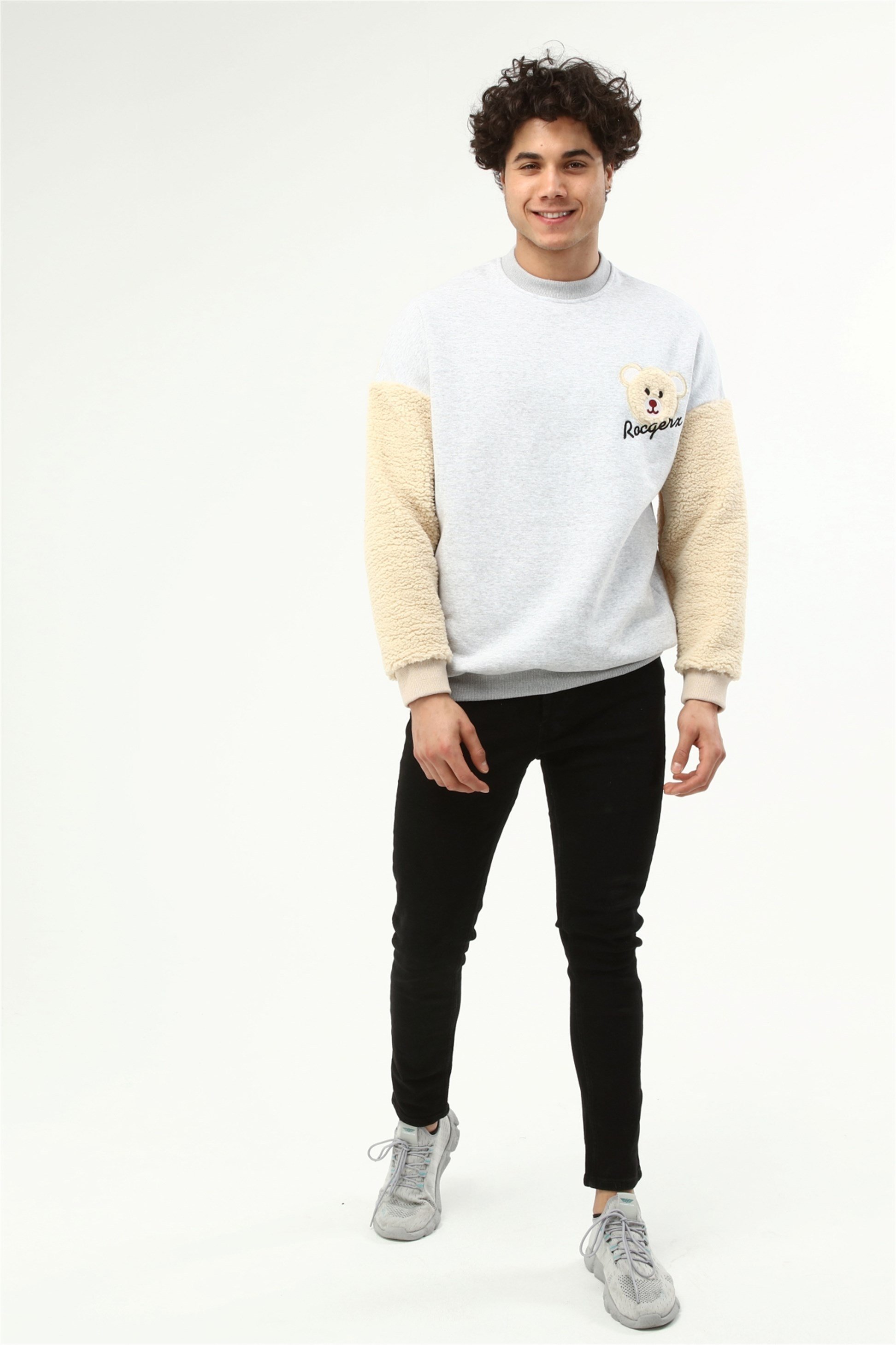 Üç İplik Kolu Peluş Ayıcıklı Oversize Sweatshirt  R-5483