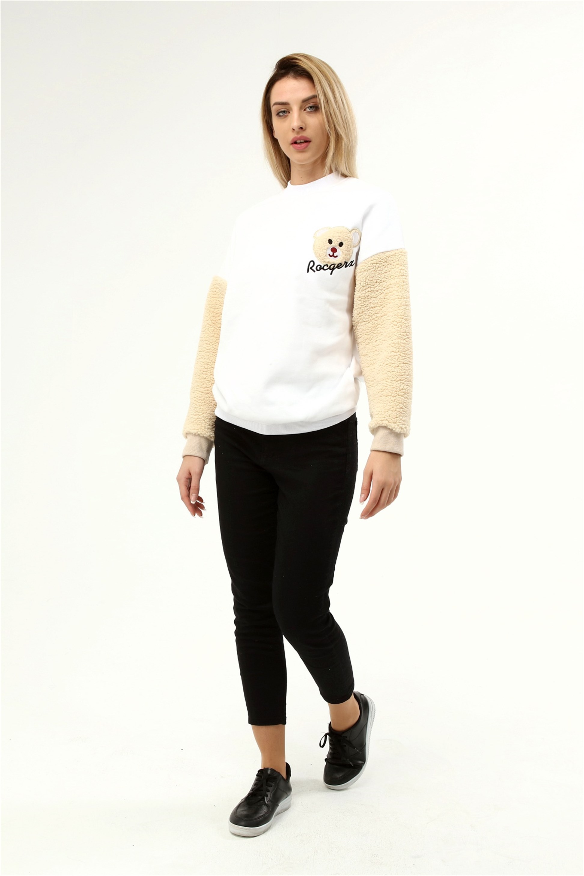 Üç İplik Kolu Peluş Ayıcıklı Oversize Sweatshirt  Q-5483