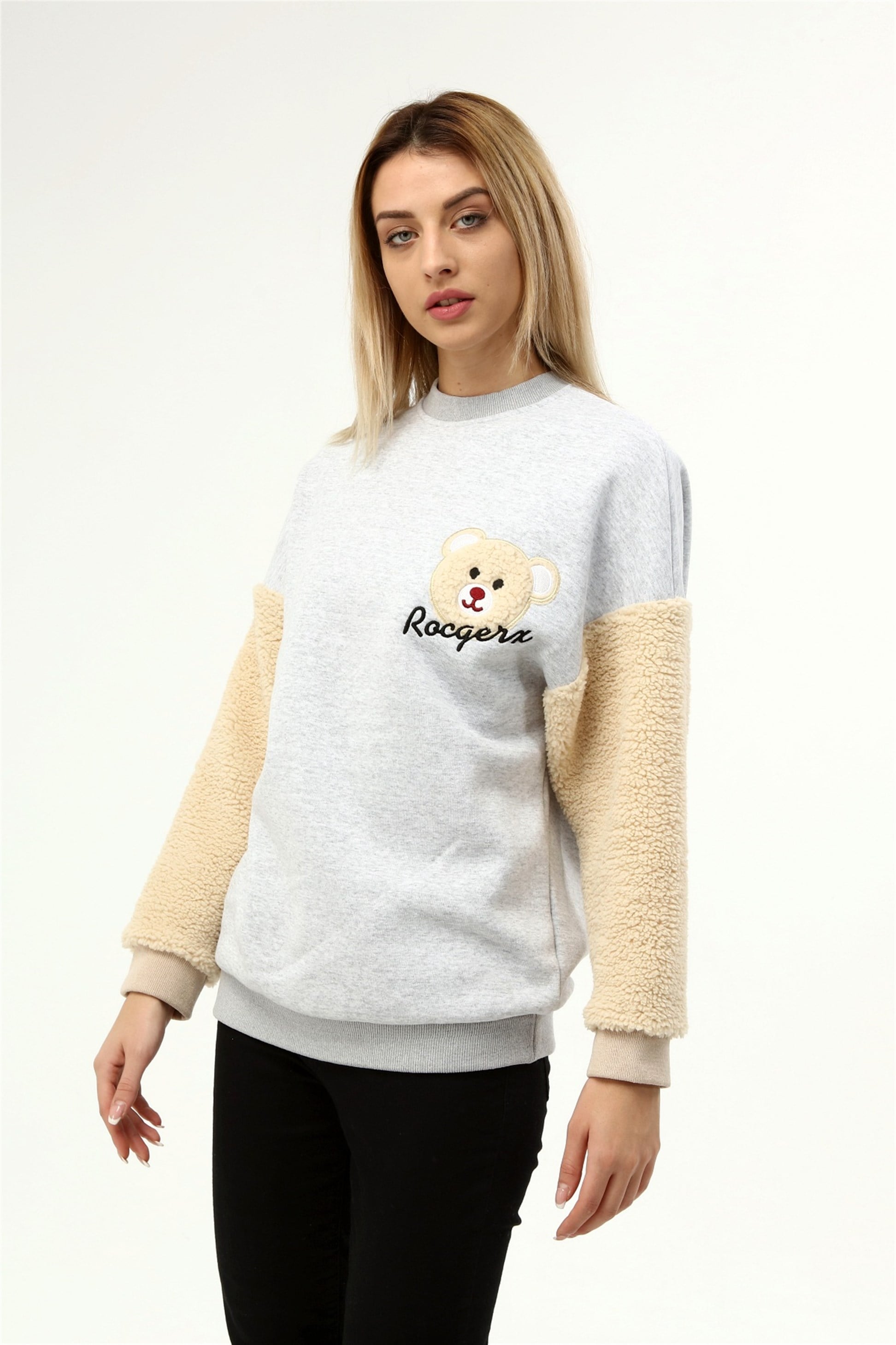 Üç İplik Kolu Peluş Ayıcıklı Oversize Sweatshirt  Q-5483