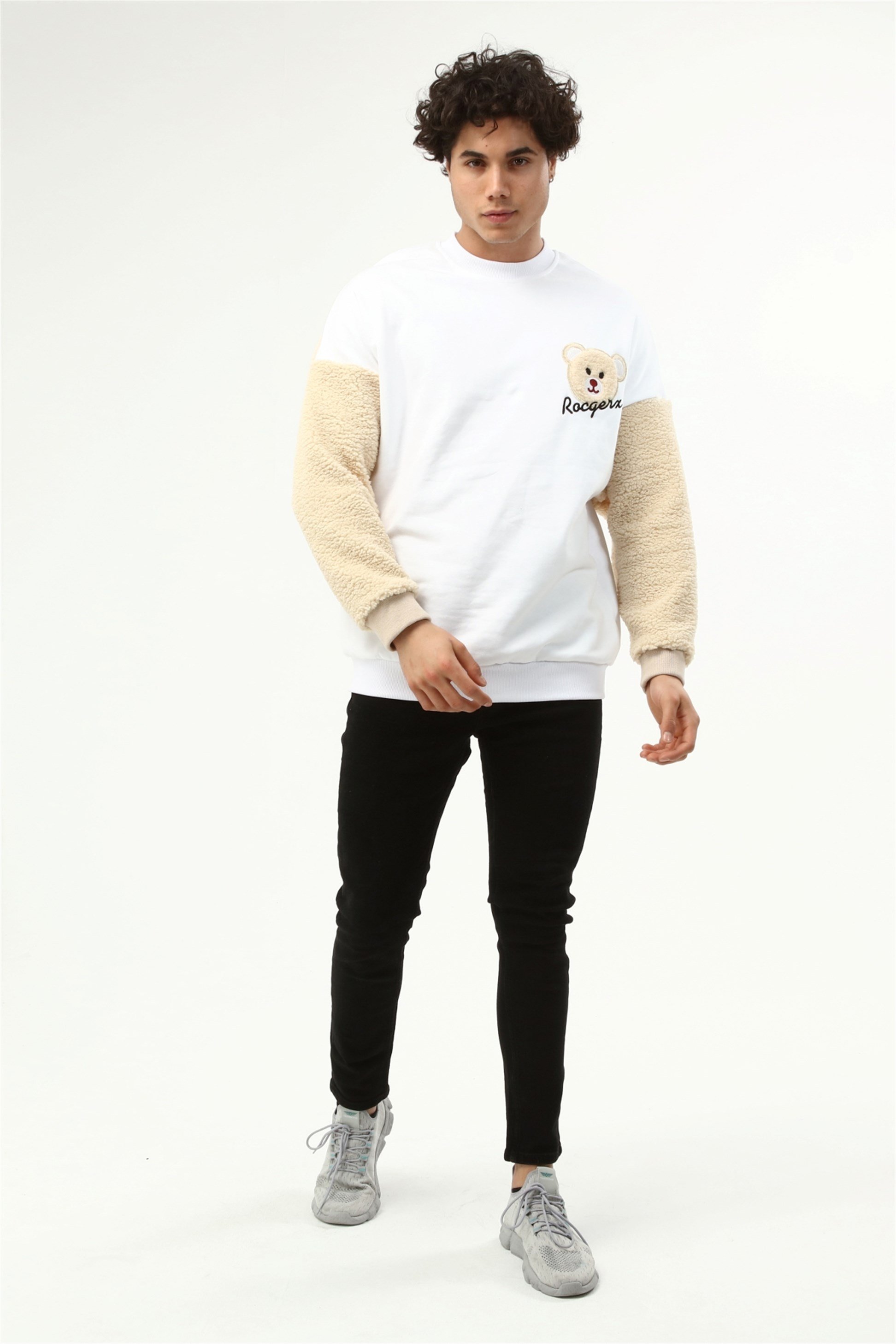Üç İplik Kolu Peluş Ayıcıklı Oversize Sweatshirt  R-5483