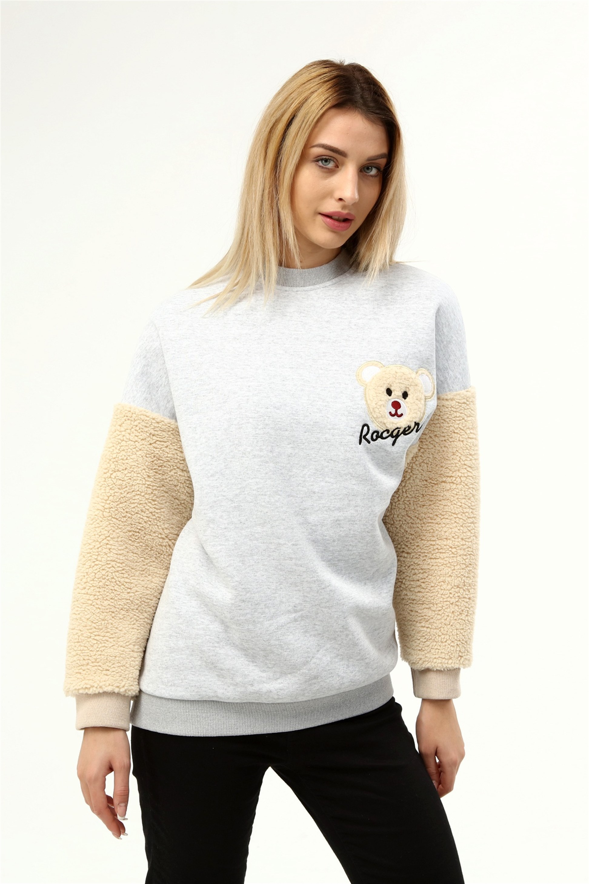 Üç İplik Kolu Peluş Ayıcıklı Oversize Sweatshirt  Q-5483
