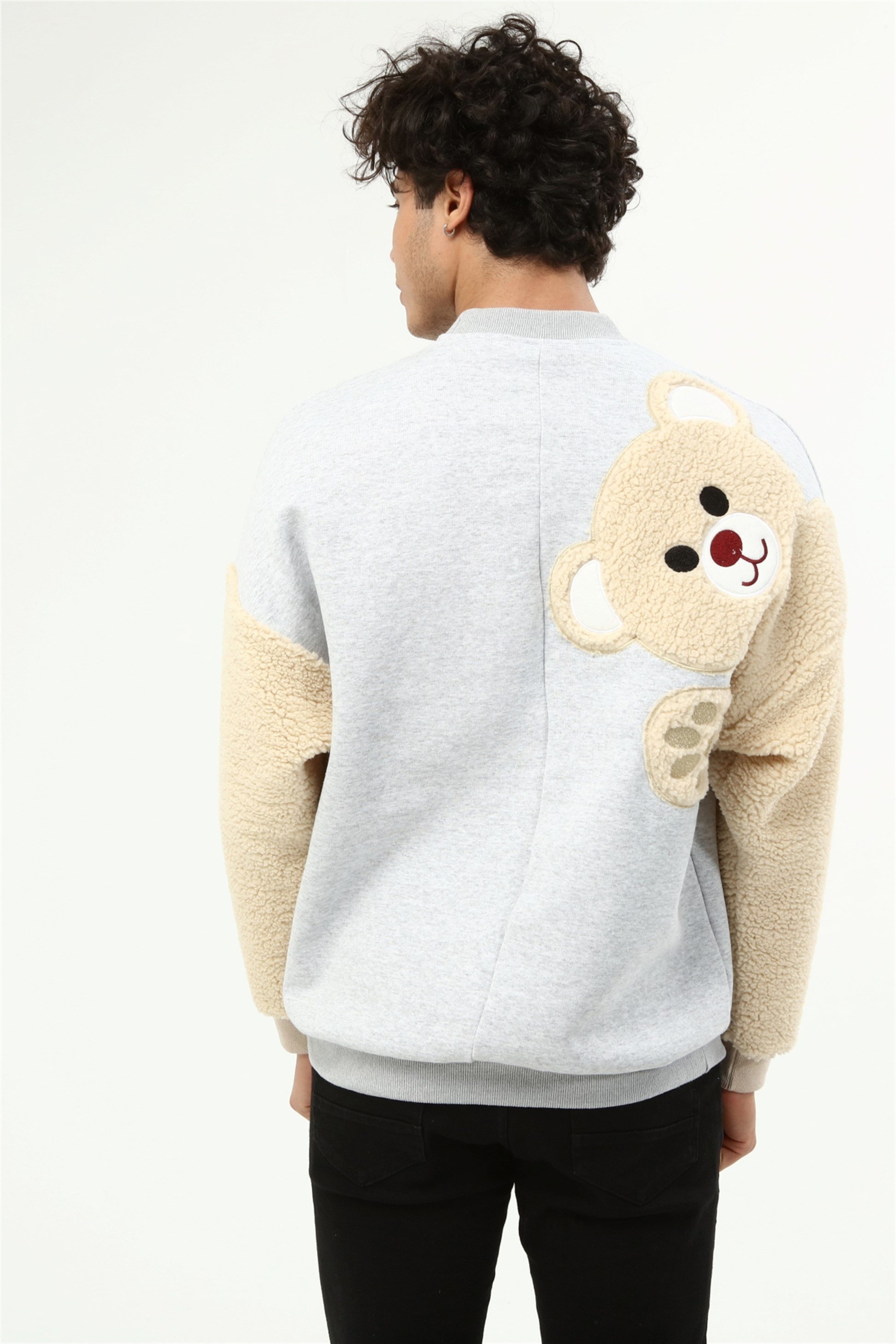 Üç İplik Kolu Peluş Ayıcıklı Oversize Sweatshirt  R-5483