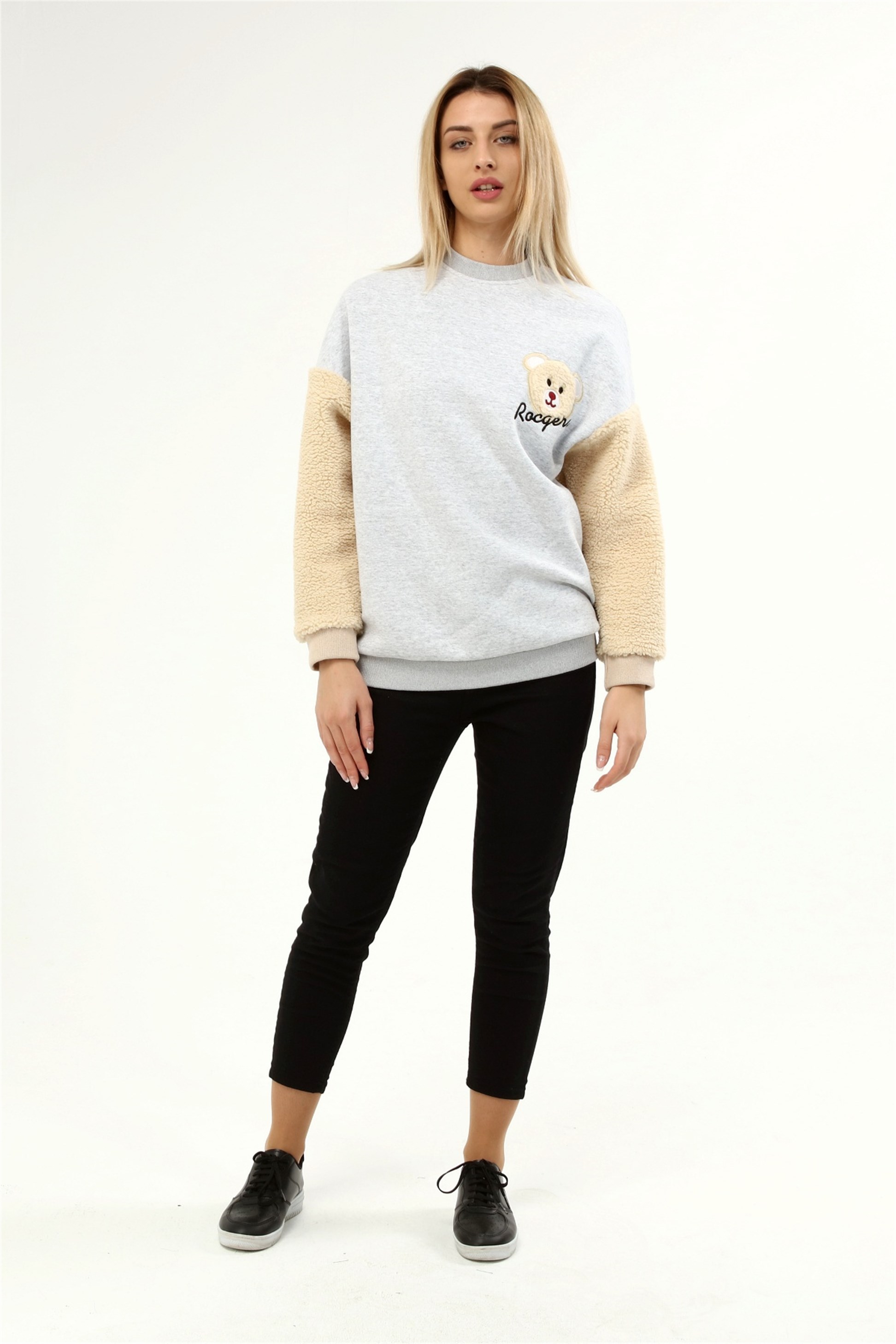 Üç İplik Kolu Peluş Ayıcıklı Oversize Sweatshirt  Q-5483