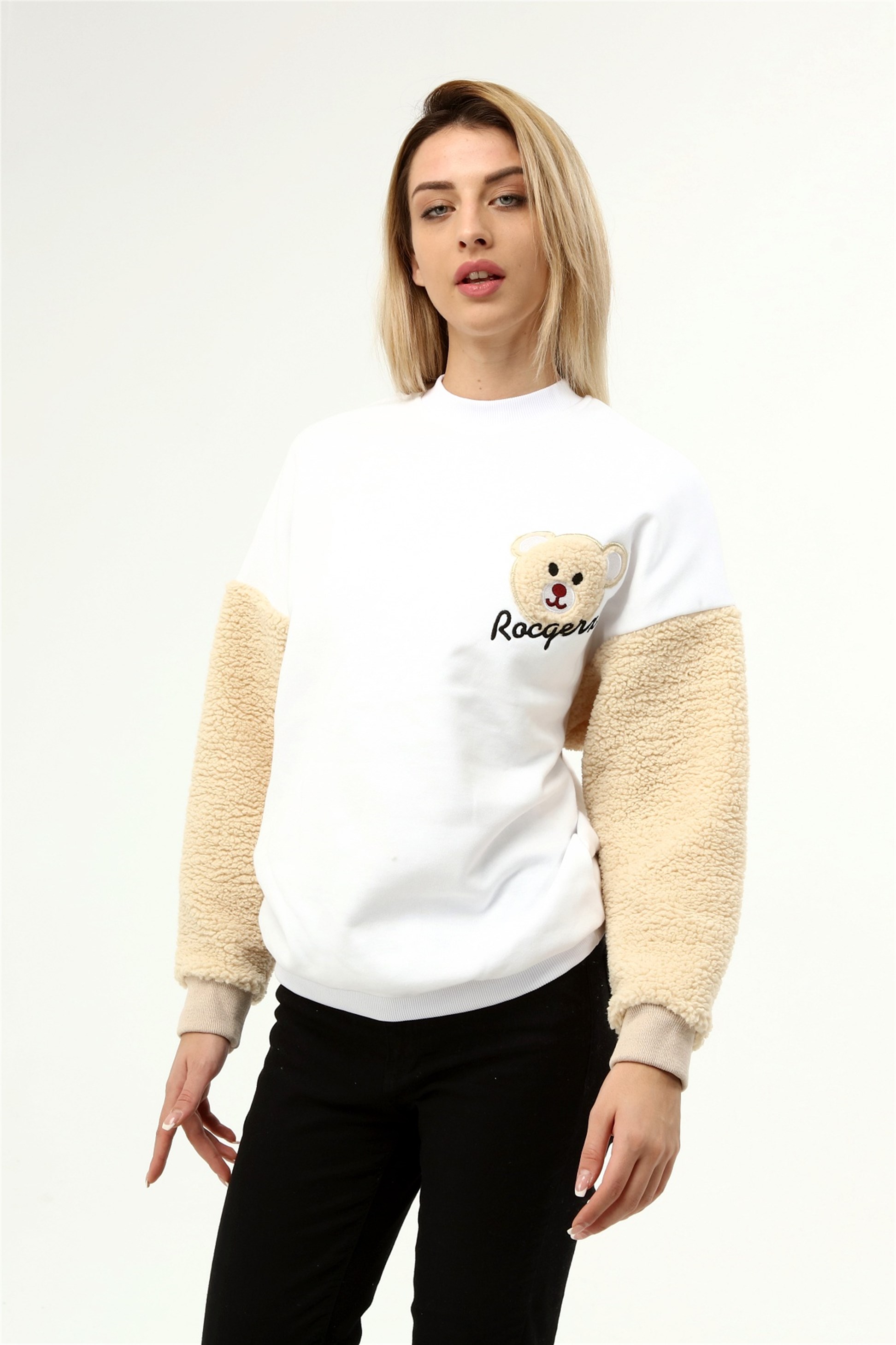 Üç İplik Kolu Peluş Ayıcıklı Oversize Sweatshirt  Q-5483