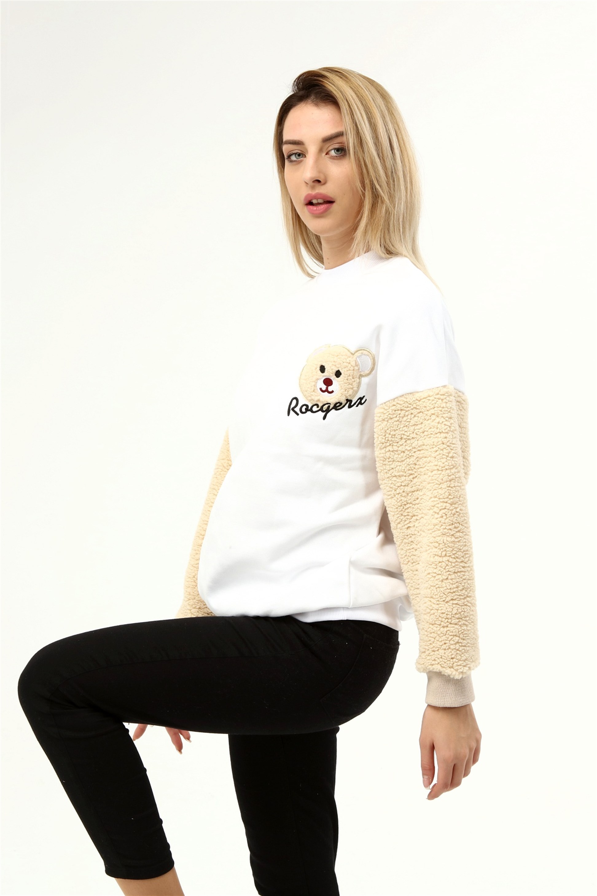 Üç İplik Kolu Peluş Ayıcıklı Oversize Sweatshirt  Q-5483